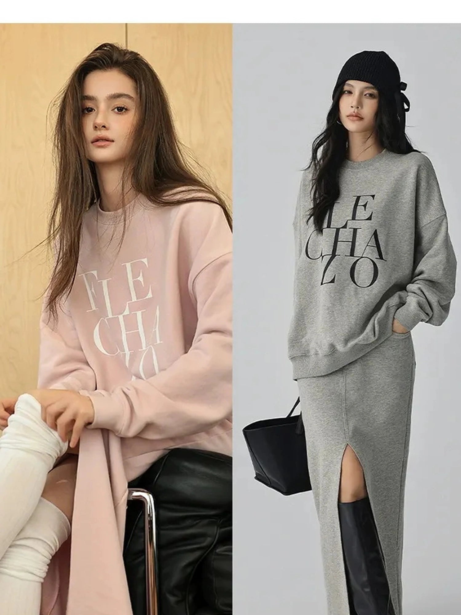 FU FRESH UP Athleisure Letter Print Hoodie Set With Slit Skirt