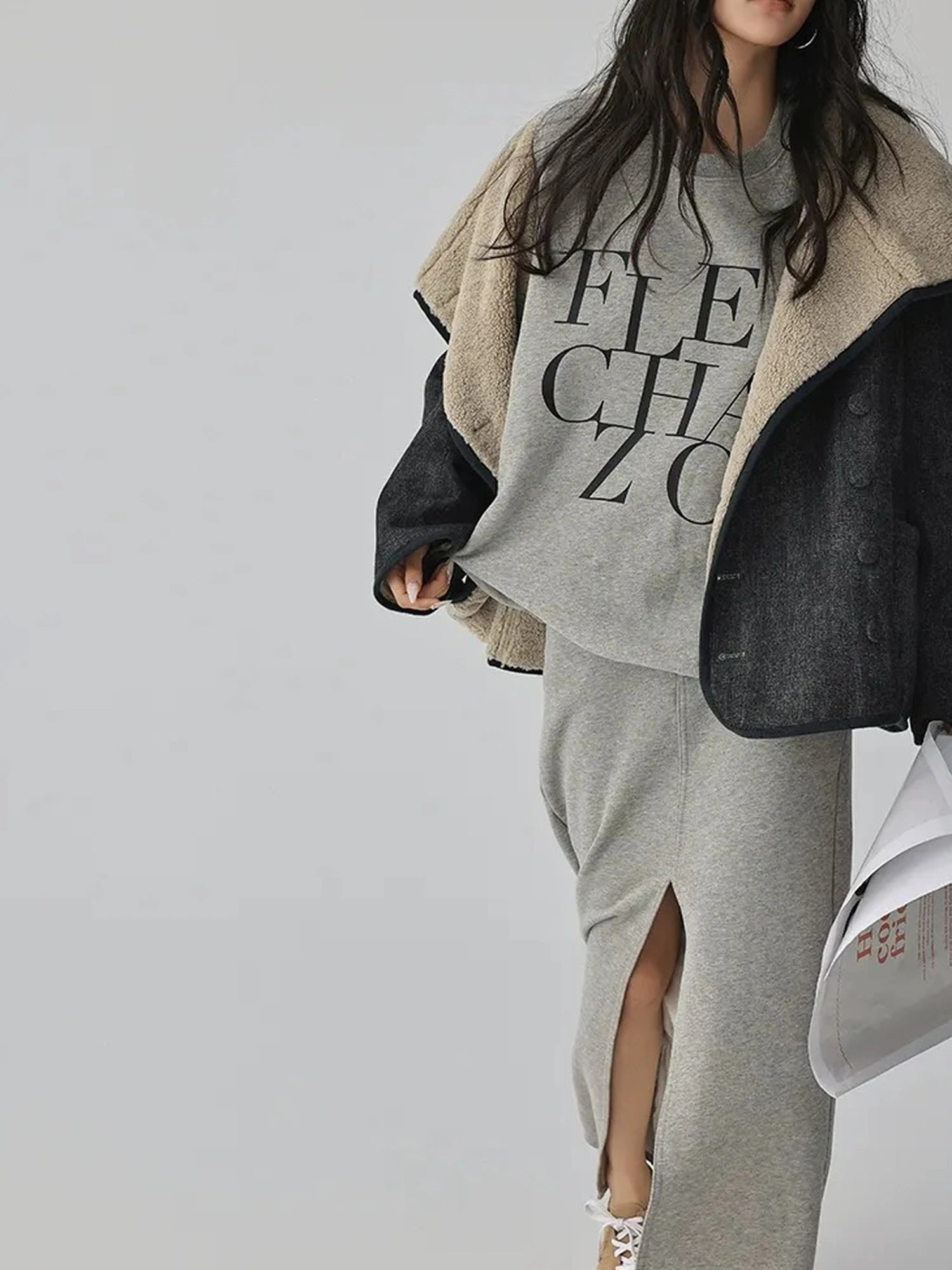 FU FRESH UP Athleisure Letter Print Hoodie Set With Slit Skirt