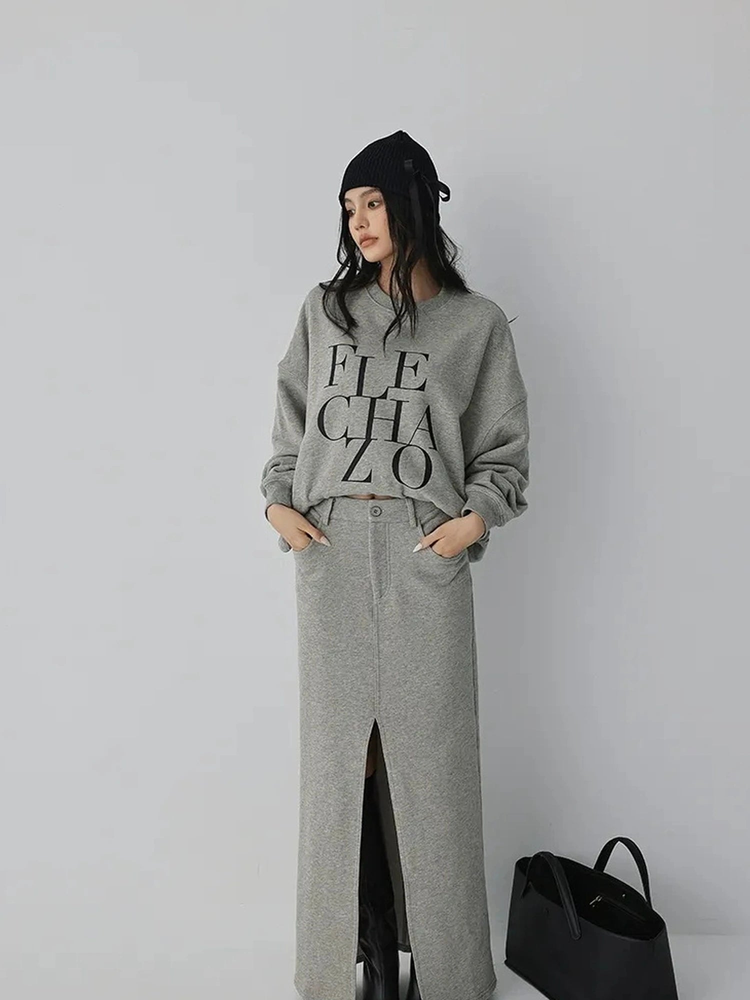 FU FRESH UP Athleisure Letter Print Hoodie Set With Slit Skirt