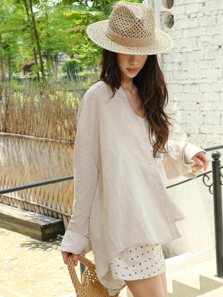 FU FRESH UP Avocado Green V-neck Buttoned Relaxed Long Sleeve Women&