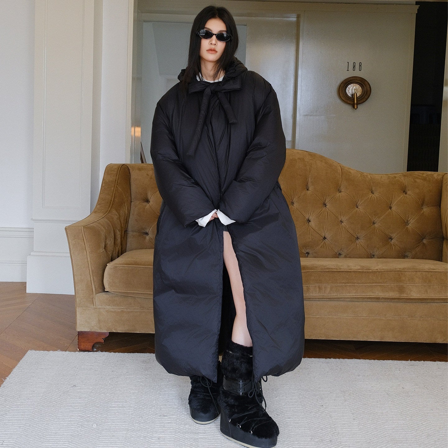 FU_FRESH_UP_Black_Bow_Tie_Hooded_Over_Knee_Long_Loose_Women&