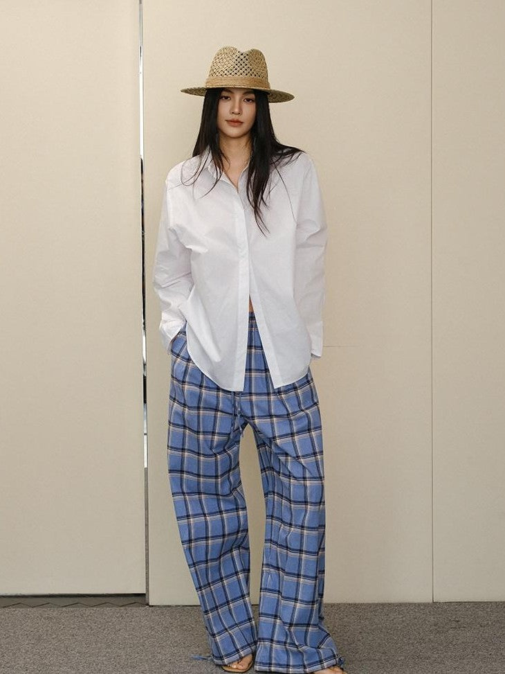 FU FRESH UP Blue Contrast Plaid Drawstring High Waist Vintage Women&