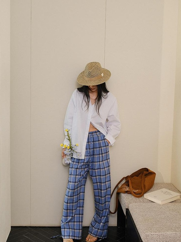 FU FRESH UP Blue Contrast Plaid Drawstring High Waist Vintage Women&
