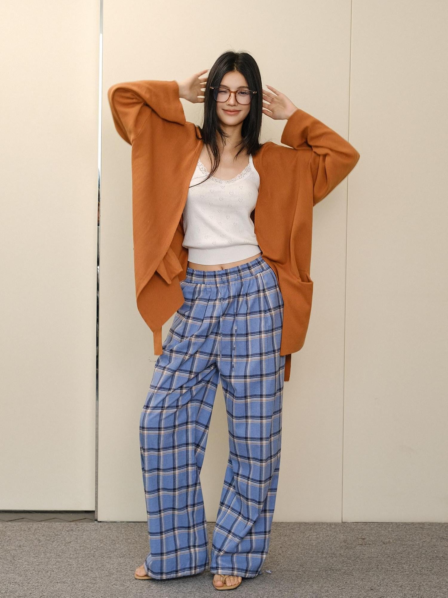 FU FRESH UP Blue Contrast Plaid Drawstring High Waist Vintage Women&