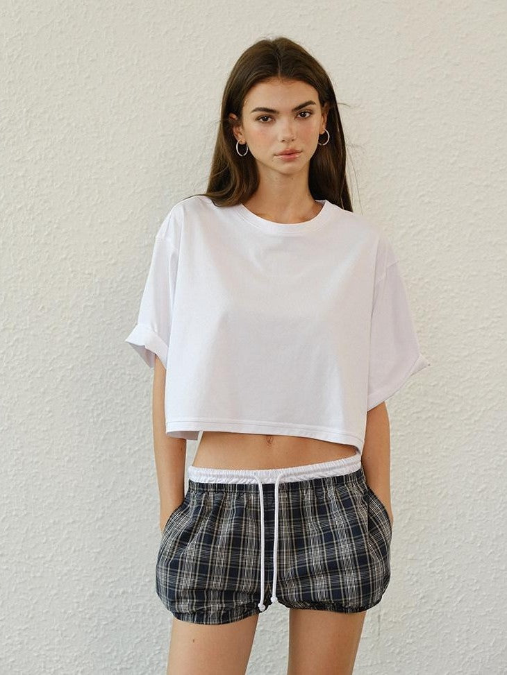 FU FRESH UP Bubble Hem Plaid Contrast Drawstring High Waist Women&