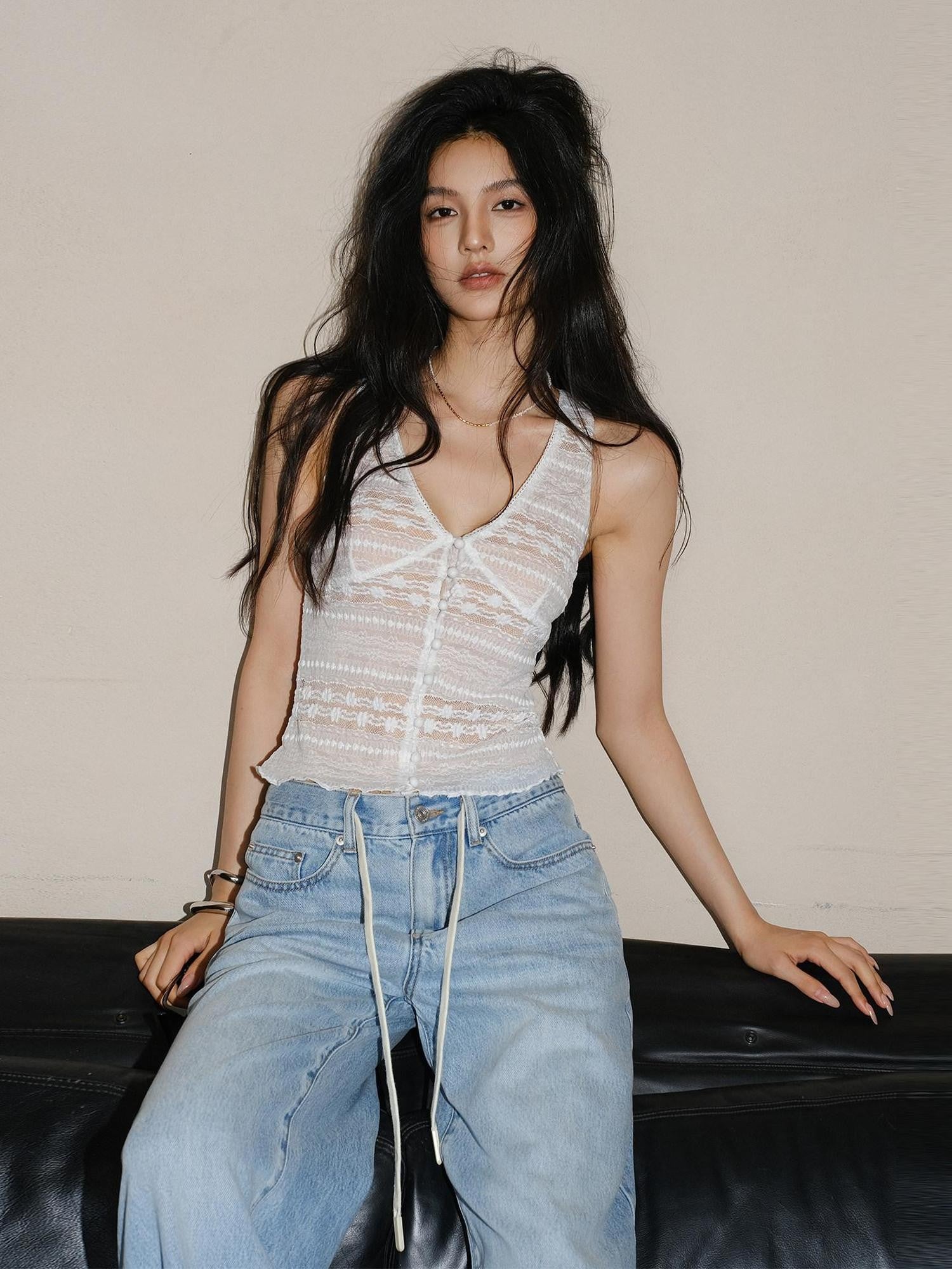 FU FRESH UP Button V-neck Lace Splice Backless Slim Women&
