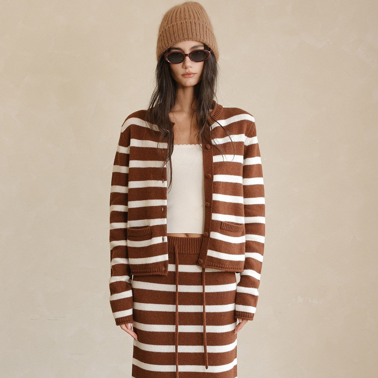 FU_FRESH_UP_Coffee_White_Striped_Tie_Front_Round_Neck_Women&