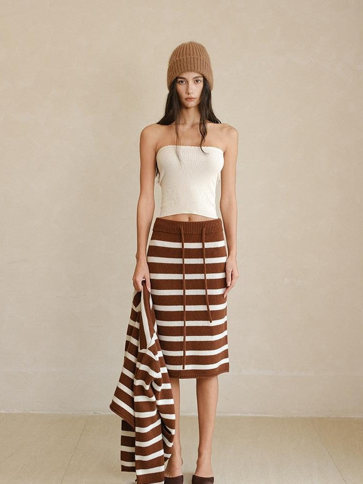 FU FRESH UP Coffee White Striped Tie Front Round Neck Women&