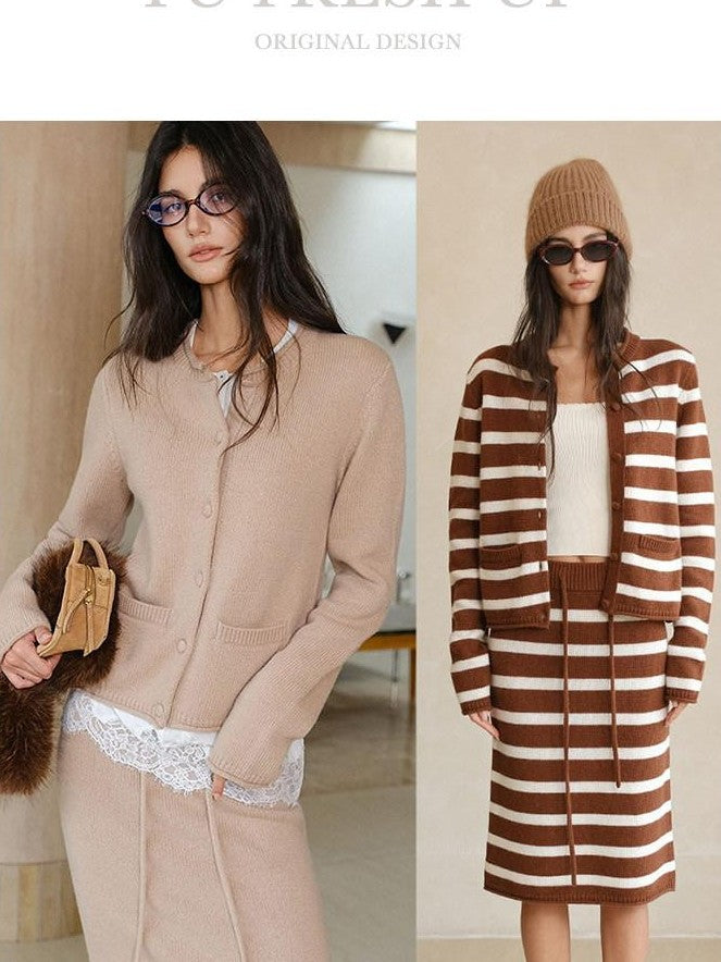 FU FRESH UP Coffee White Striped Tie Front Round Neck Women&
