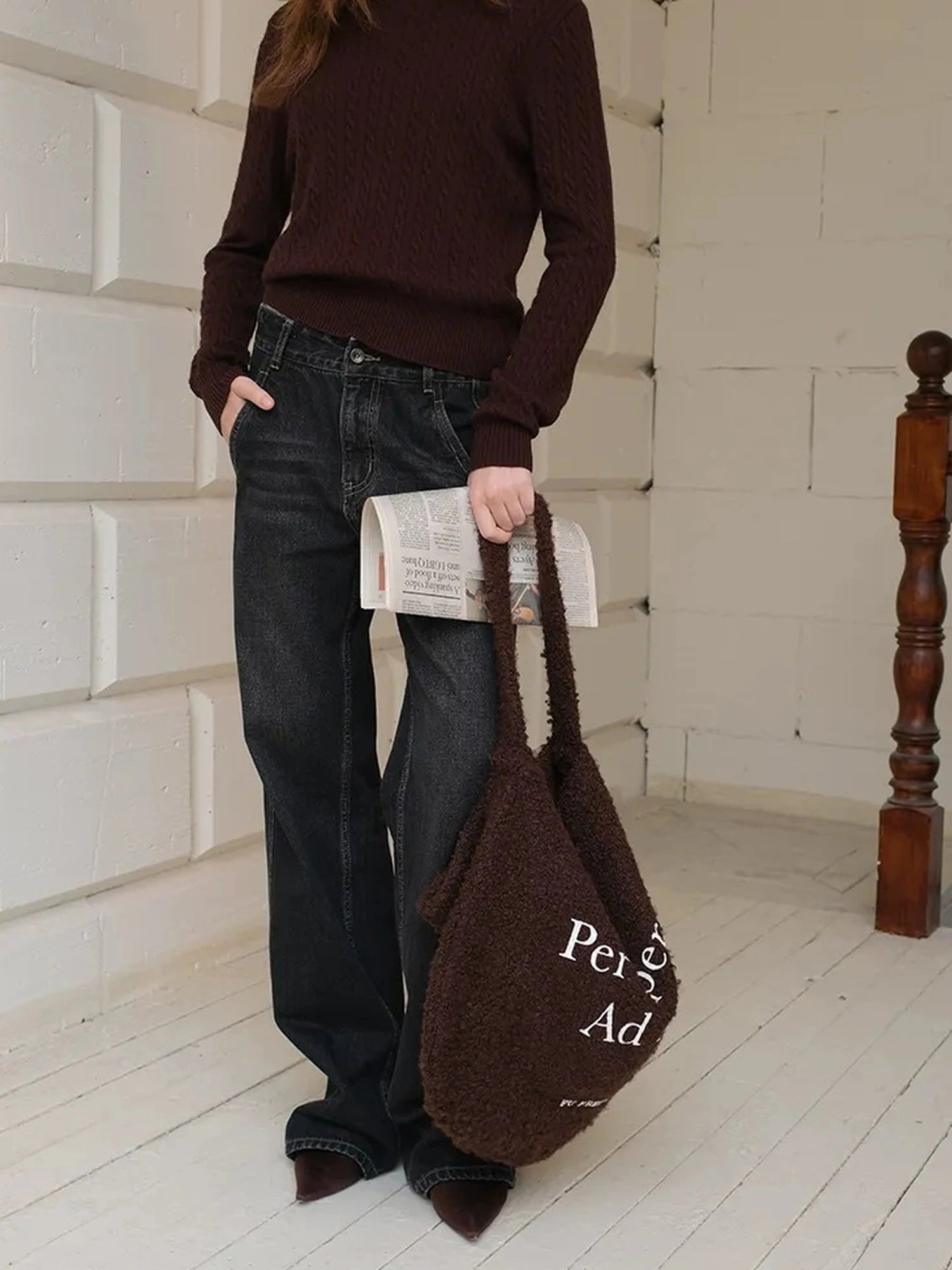 FU FRESH UP Coiled Fleece Letter Print Shoulder Bag