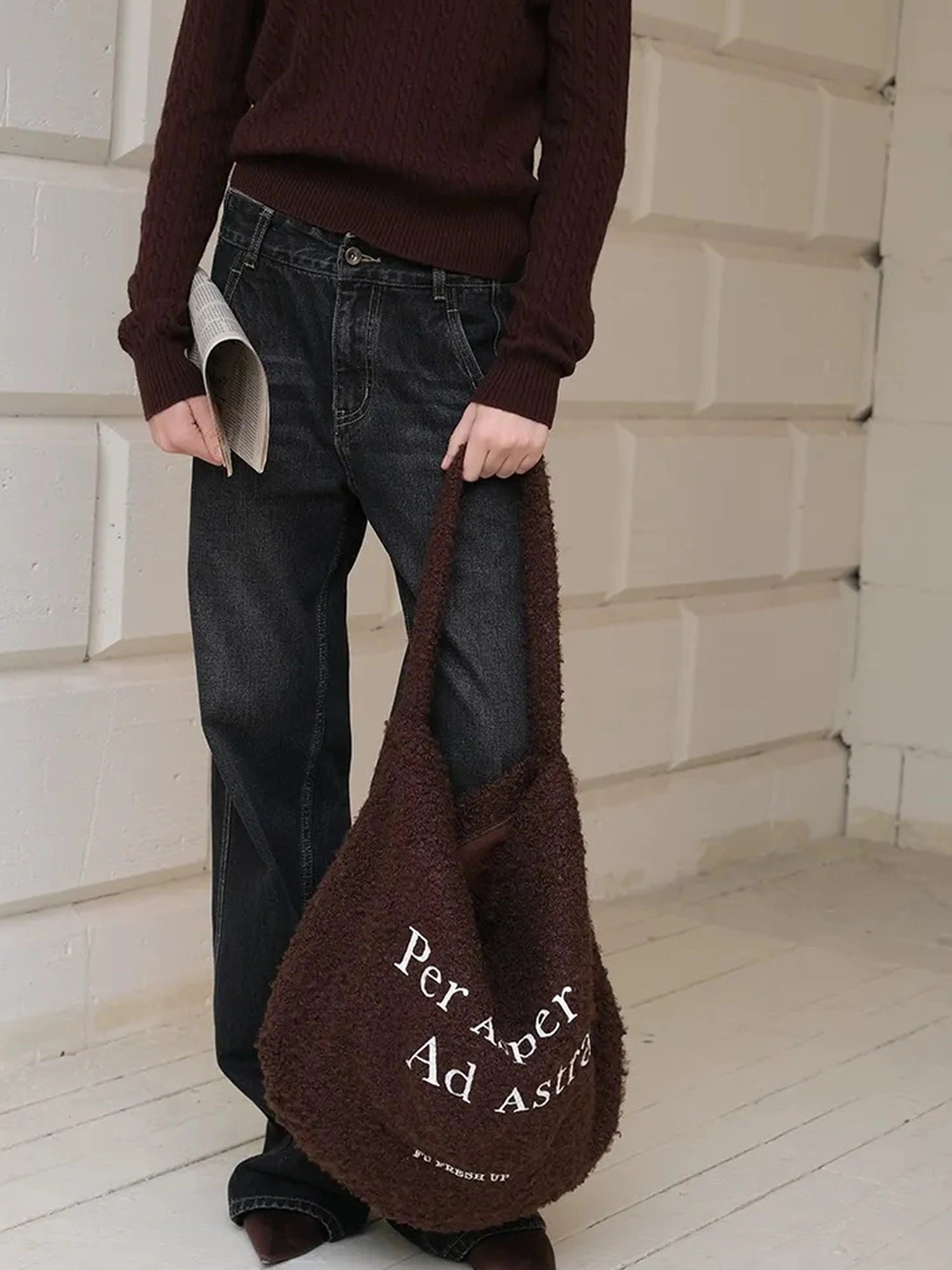 FU FRESH UP Coiled Fleece Letter Print Shoulder Bag
