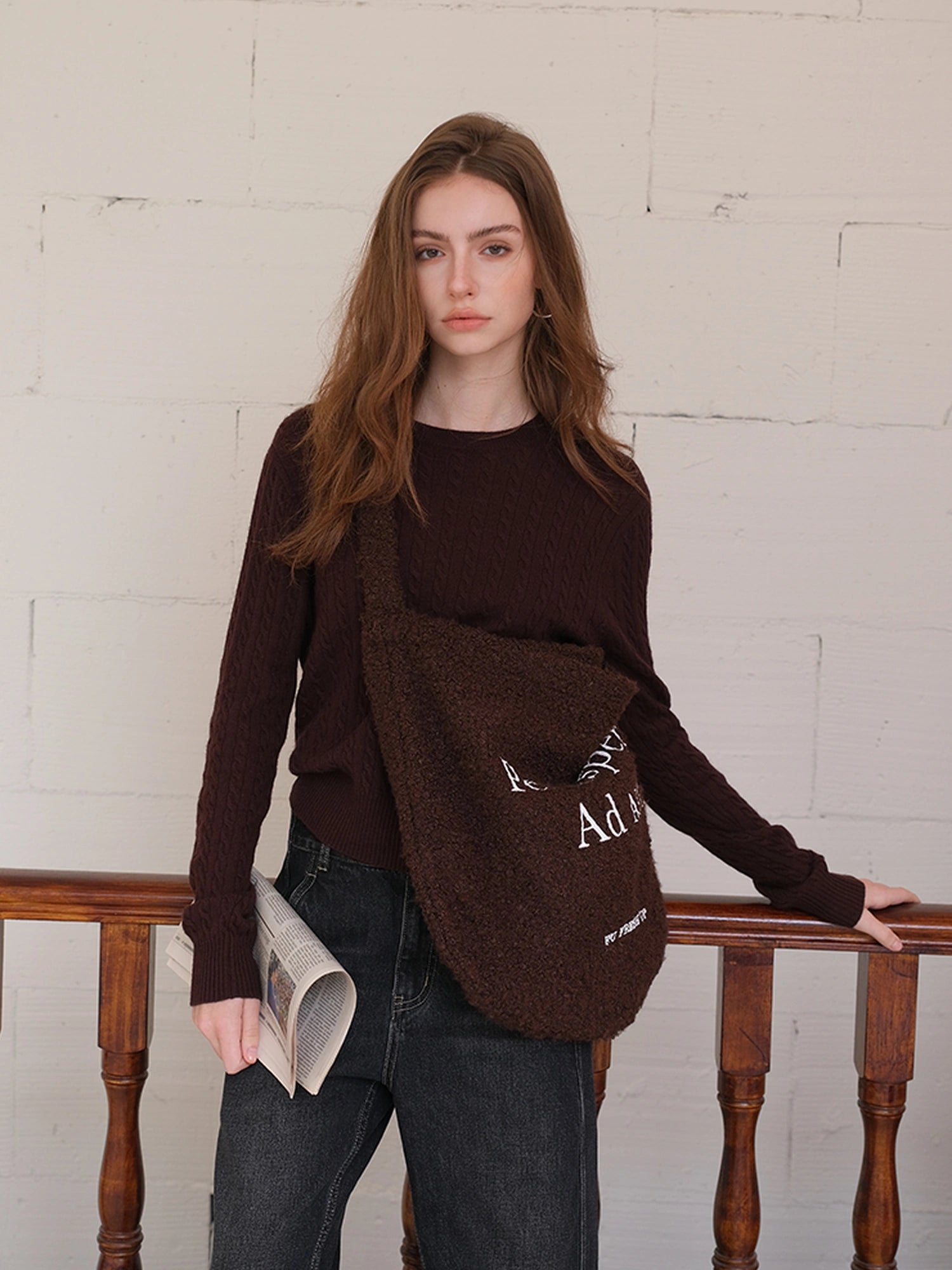 FU FRESH UP Coiled Fleece Letter Print Shoulder Bag