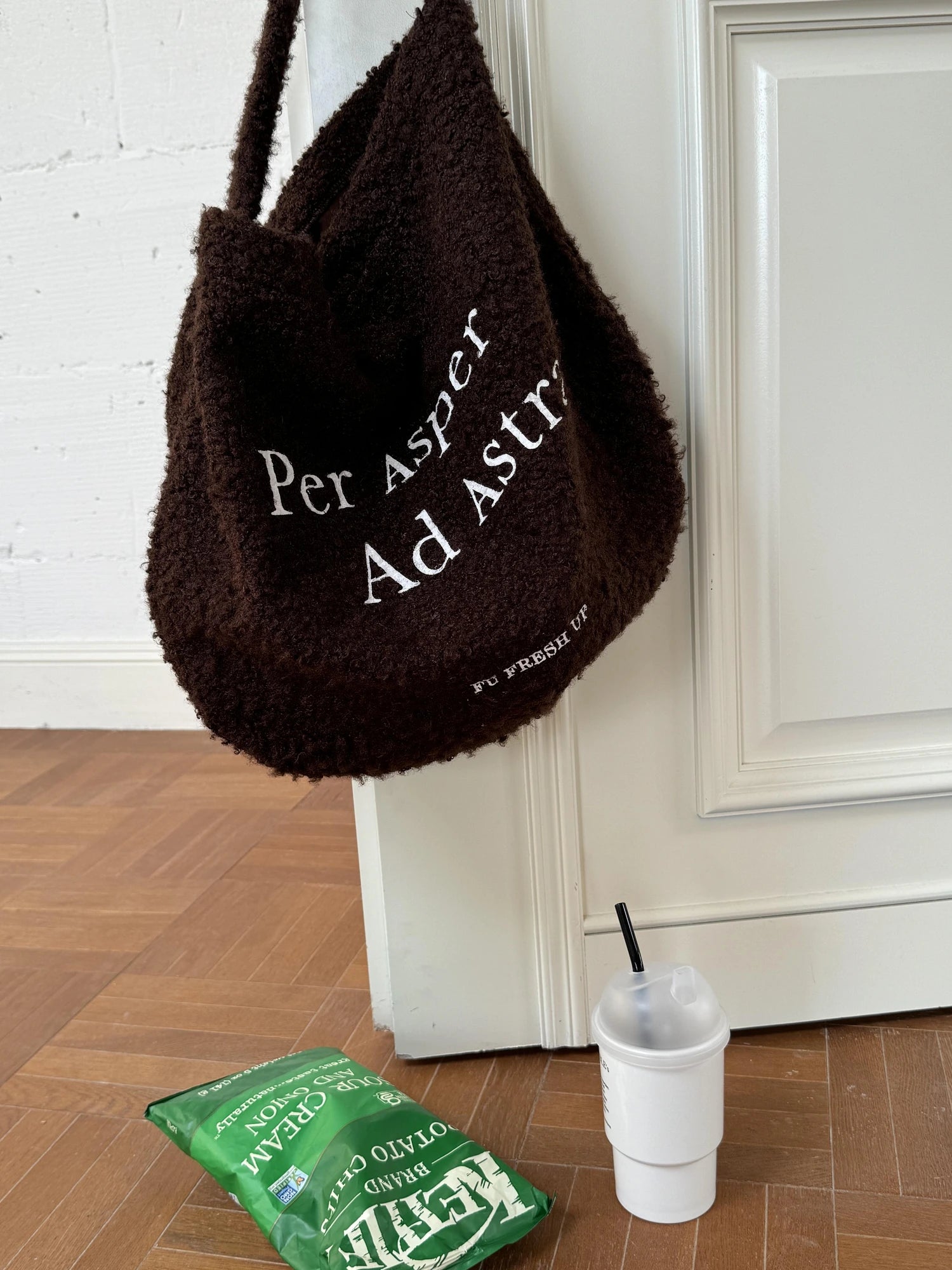 FU FRESH UP Coiled Fleece Letter Print Shoulder Bag
