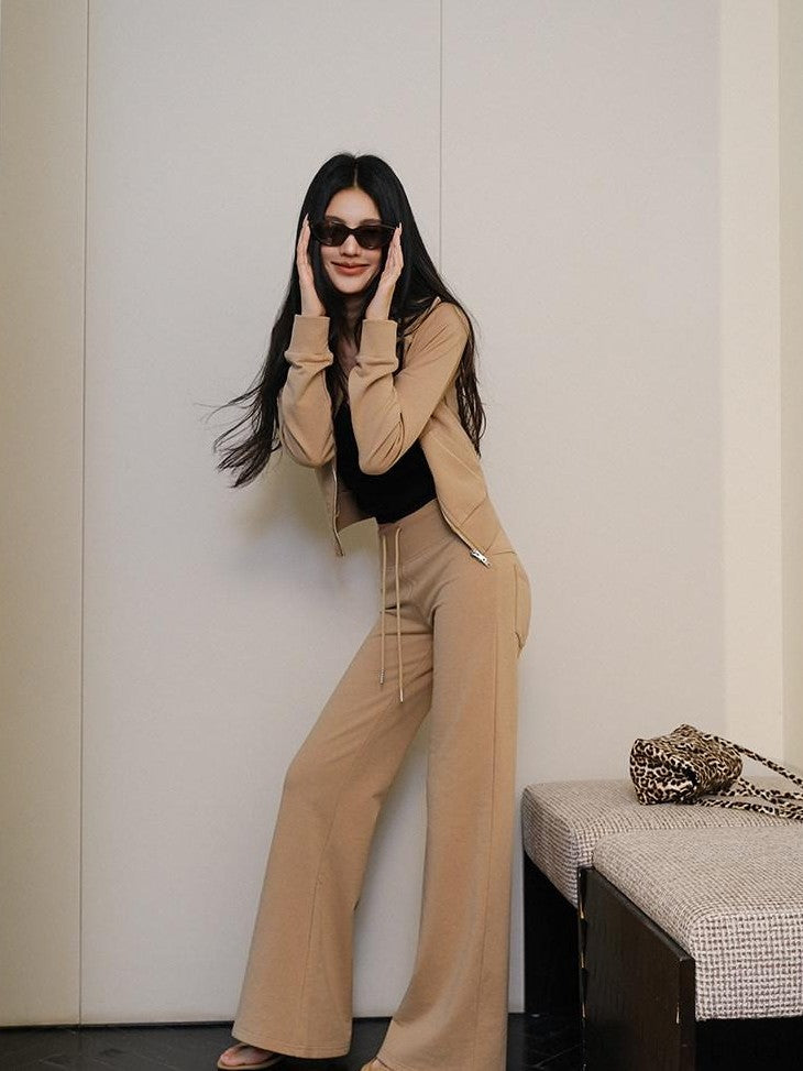 FU FRESH UP Collared Cropped Cardigan Slim Flare Sweatpants Women&