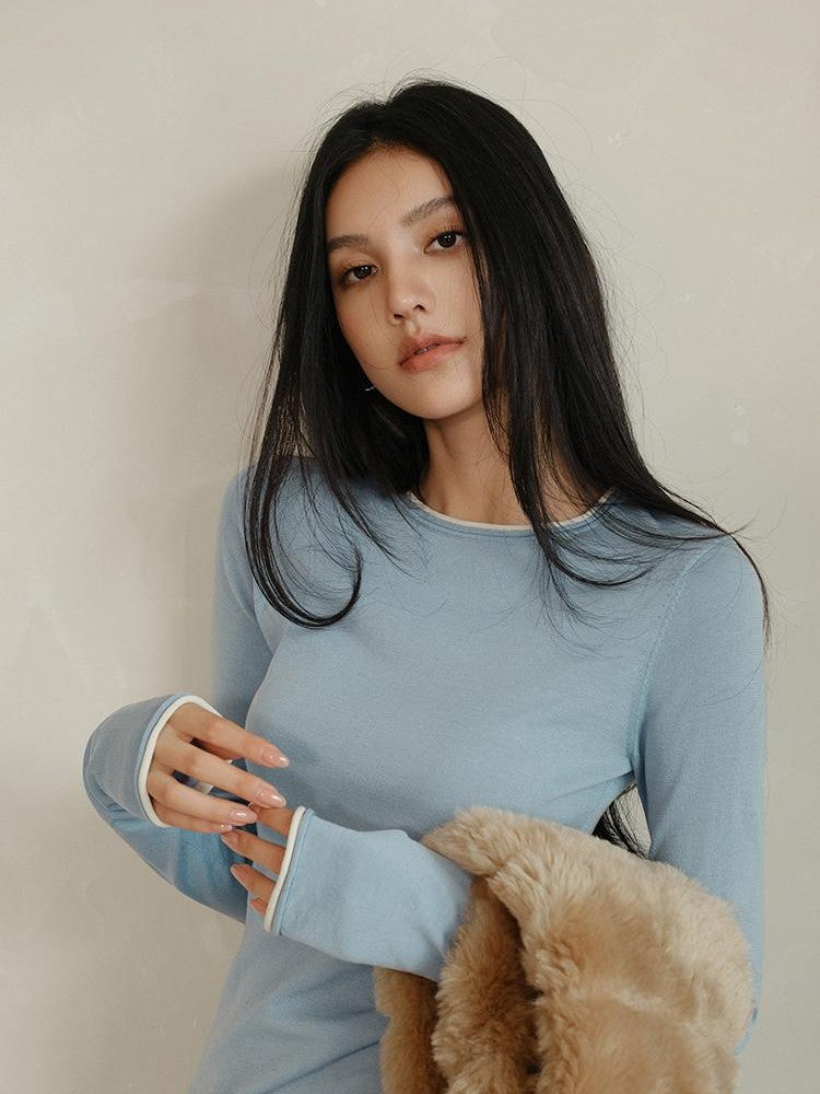 FU FRESH UP Color Block Round Neck Knit Long Sleeve Women&