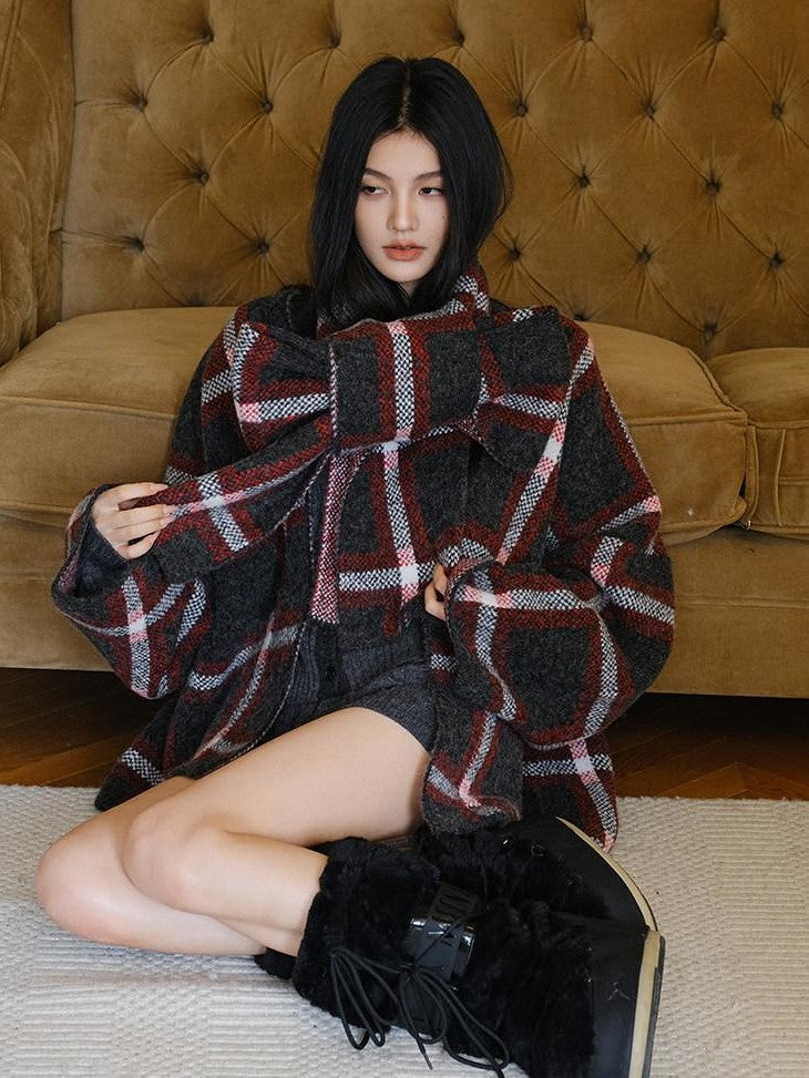 FU FRESH UP Colorblock Plaid V-neck Mid Length Knit Women&