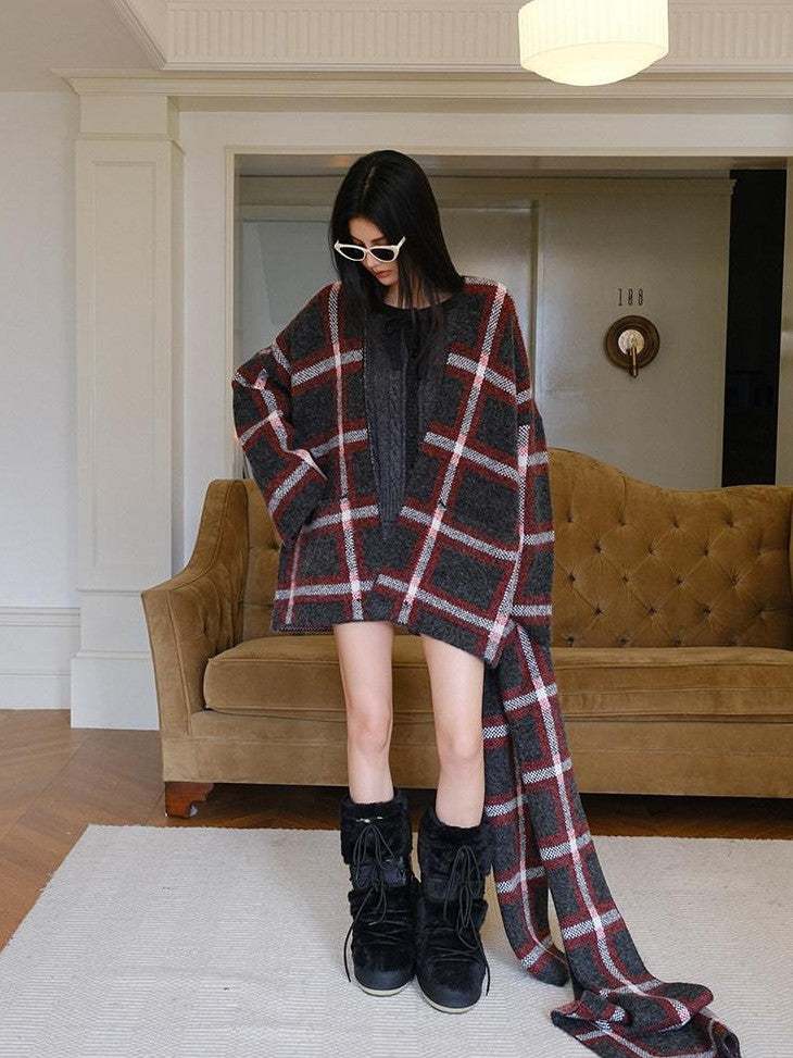 FU FRESH UP Colorblock Plaid V-neck Mid Length Knit Women&
