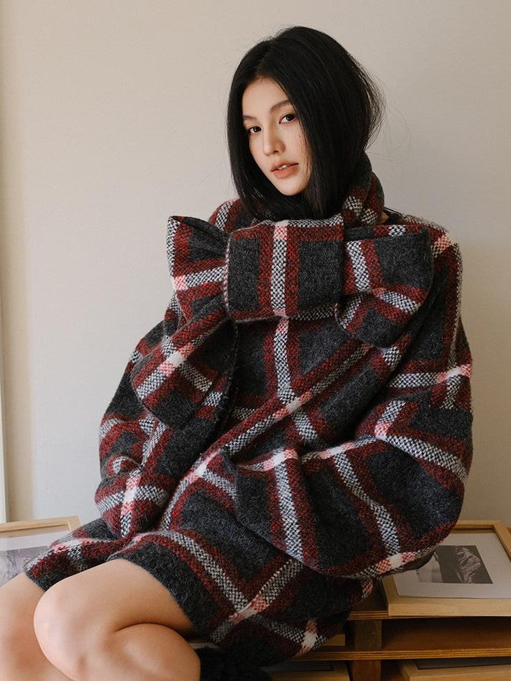 FU FRESH UP Colorblock Plaid V-neck Mid Length Knit Women&