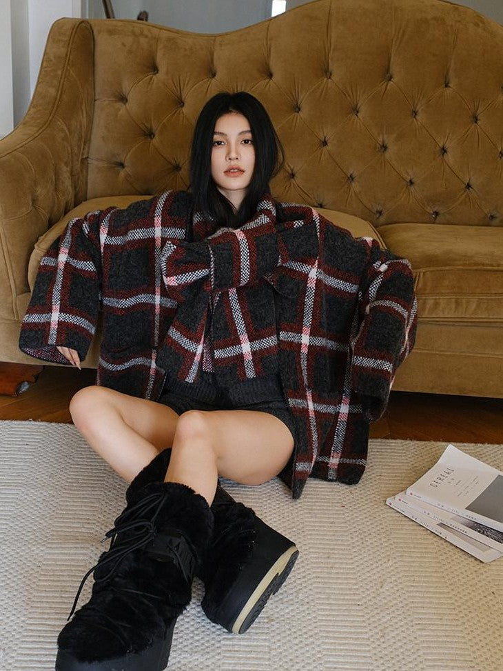 FU FRESH UP Colorblock Plaid V-neck Mid Length Knit Women&