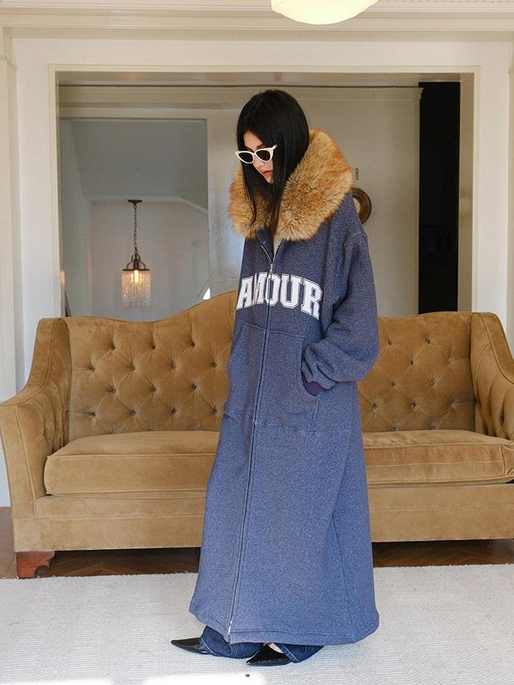 FU FRESH UP Cozy Slouchy Hooded Oversized Fur Collar Women&