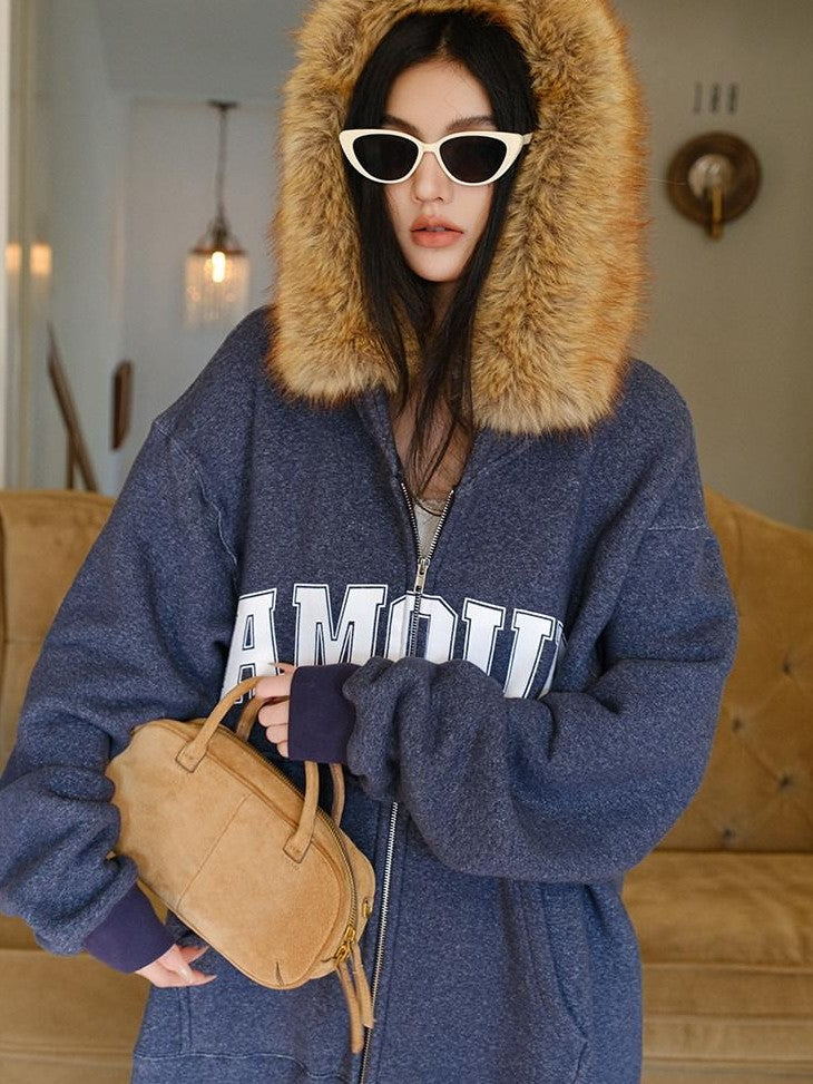 FU FRESH UP Cozy Slouchy Hooded Oversized Fur Collar Women&