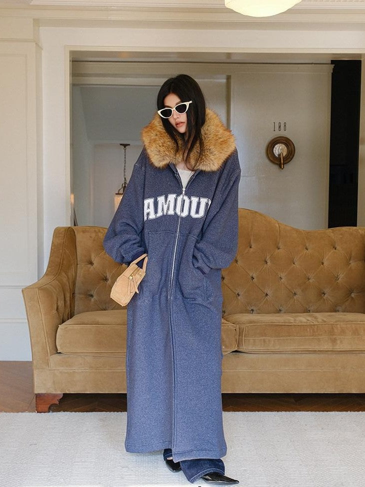 FU FRESH UP Cozy Slouchy Hooded Oversized Fur Collar Women&