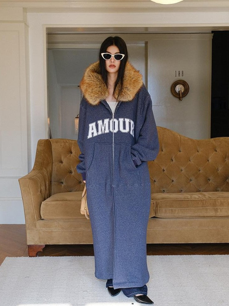FU FRESH UP Cozy Slouchy Hooded Oversized Fur Collar Women&