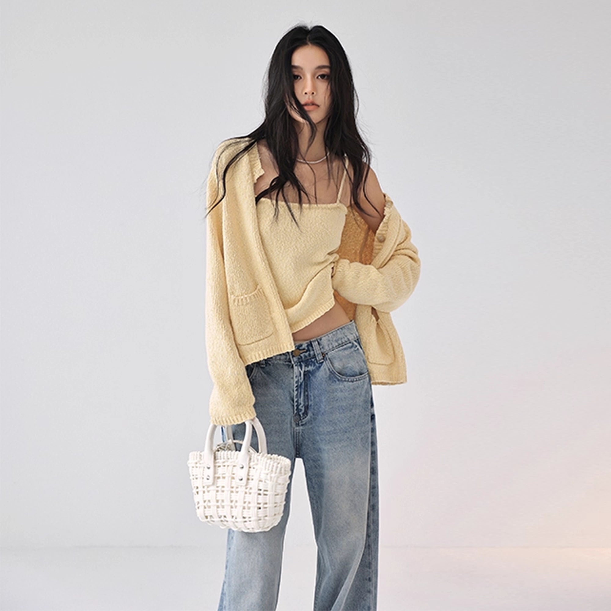 FU_FRESH_UP_Cropped_Knit_Cardigan_V-neck_T-shirt_Long_Sleeve_Camisole_Set_MISSTT