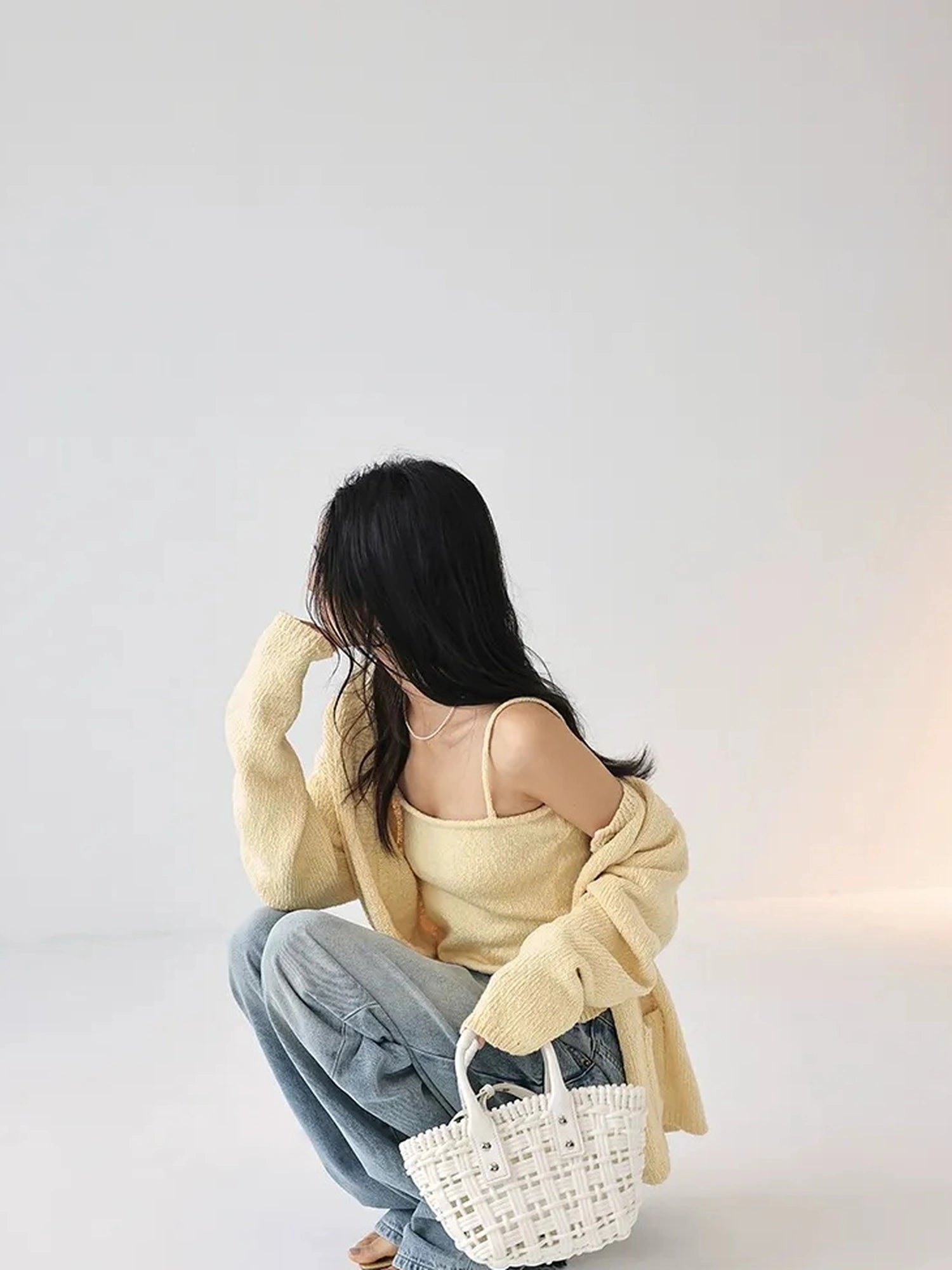 FU FRESH UP Cropped Knit Cardigan V-neck T-shirt Long Sleeve Camisole Set