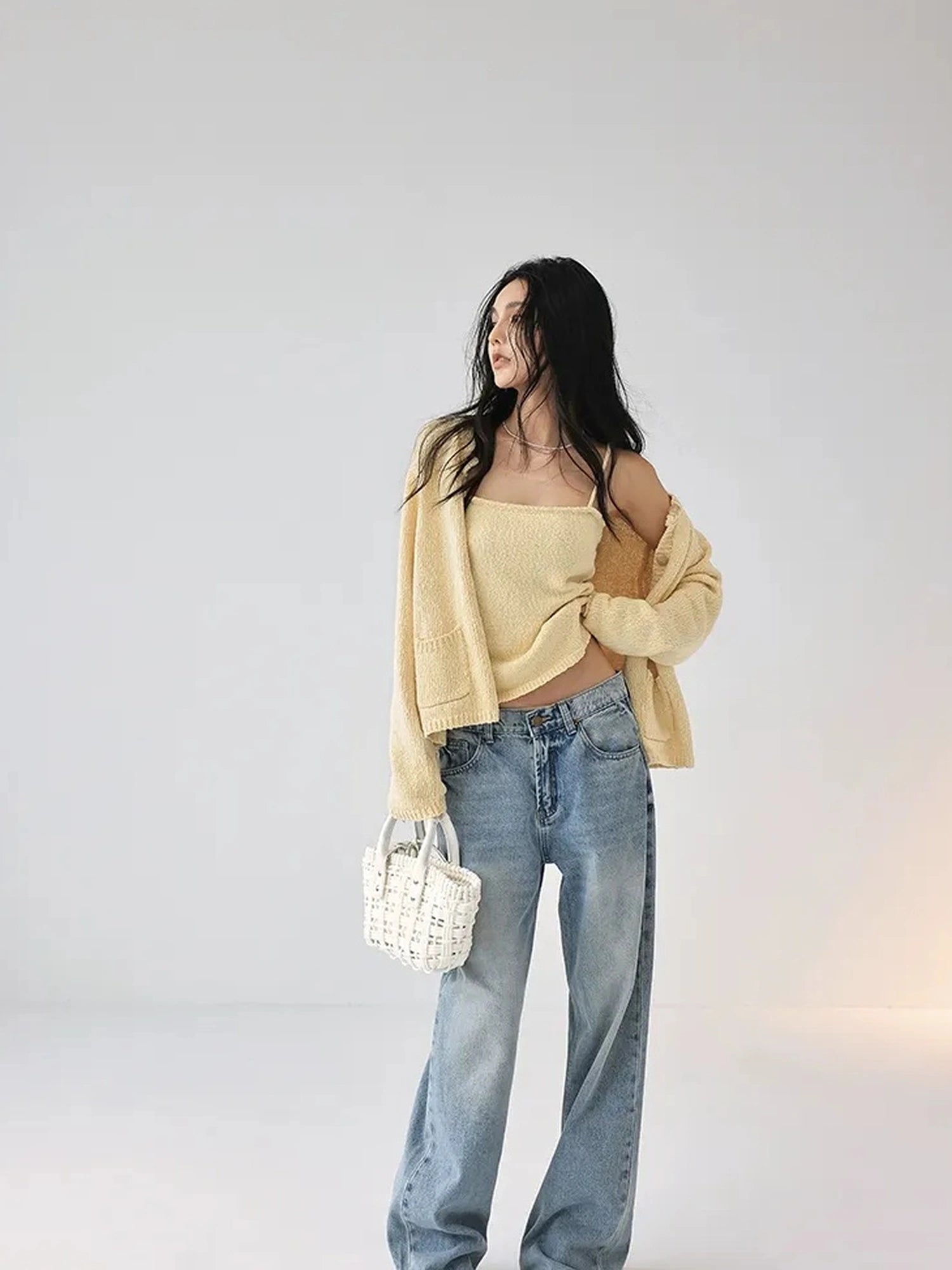 FU FRESH UP Cropped Knit Cardigan V-neck T-shirt Long Sleeve Camisole Set