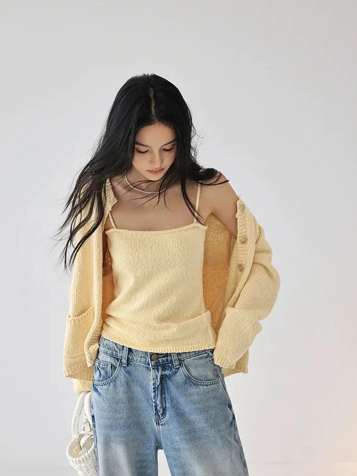 FU FRESH UP Cropped Knit Cardigan V-neck T-shirt Long Sleeve Camisole Set