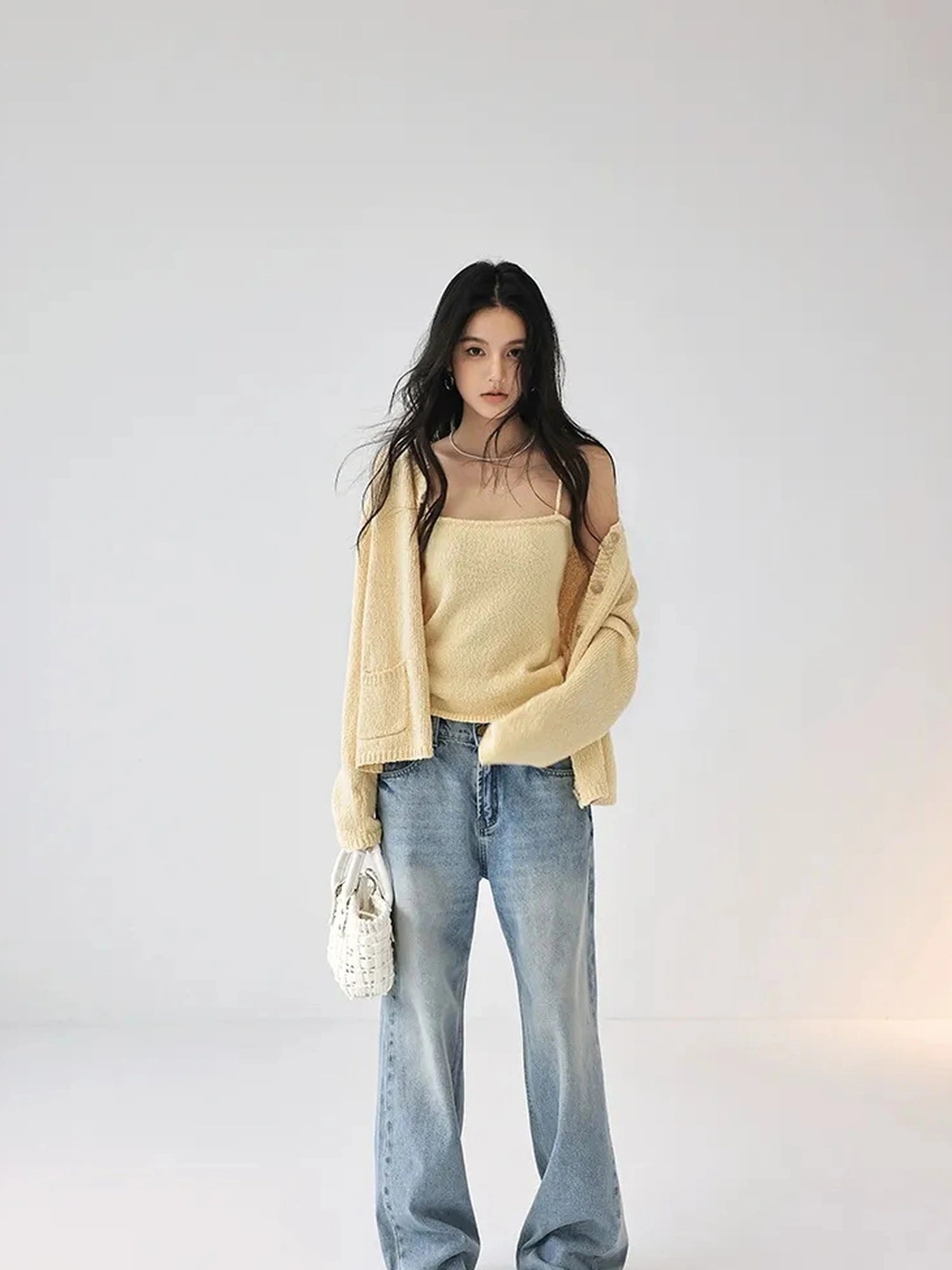 FU FRESH UP Cropped Knit Cardigan V-neck T-shirt Long Sleeve Camisole Set