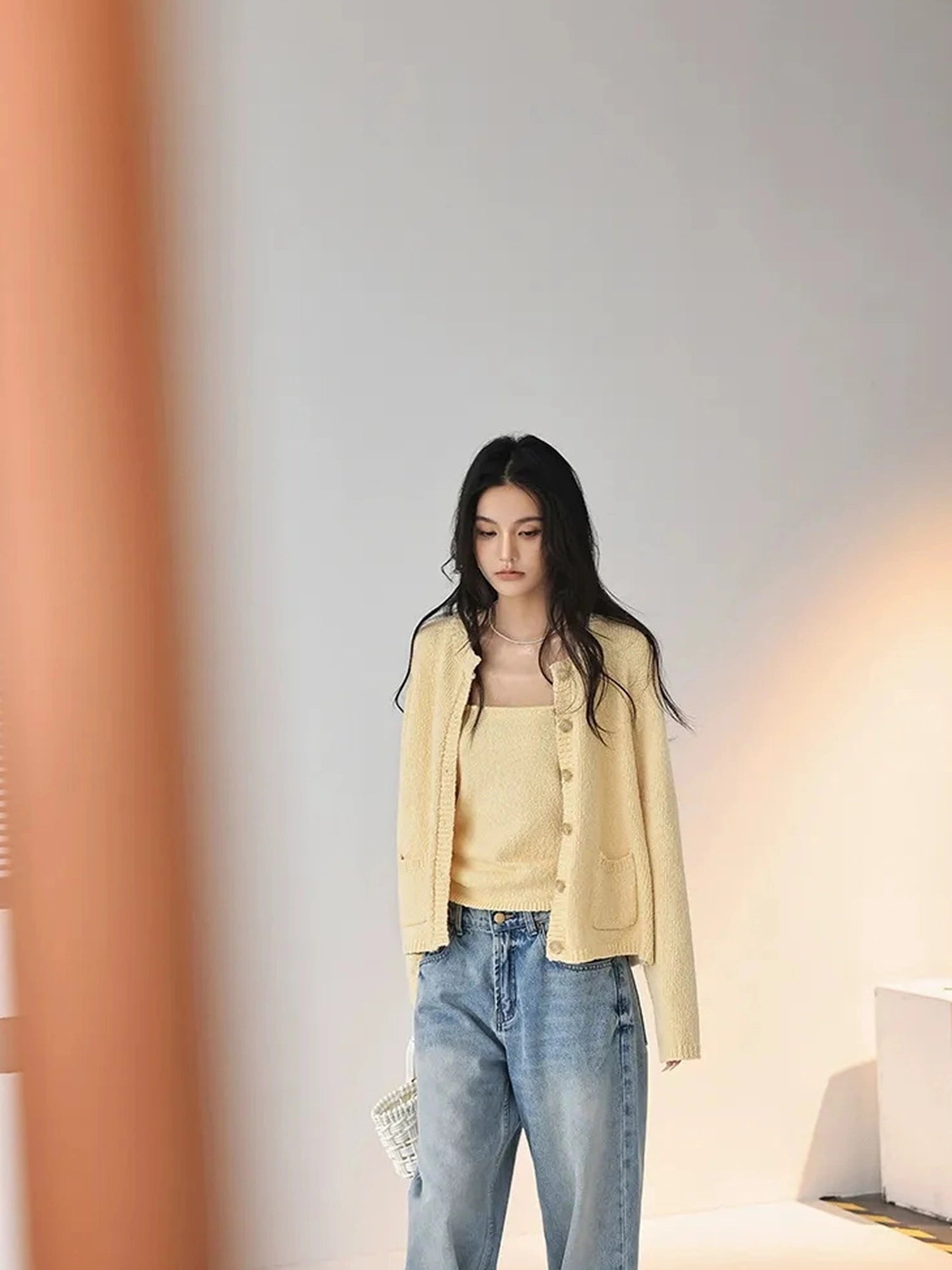 FU FRESH UP Cropped Knit Cardigan V-neck T-shirt Long Sleeve Camisole Set