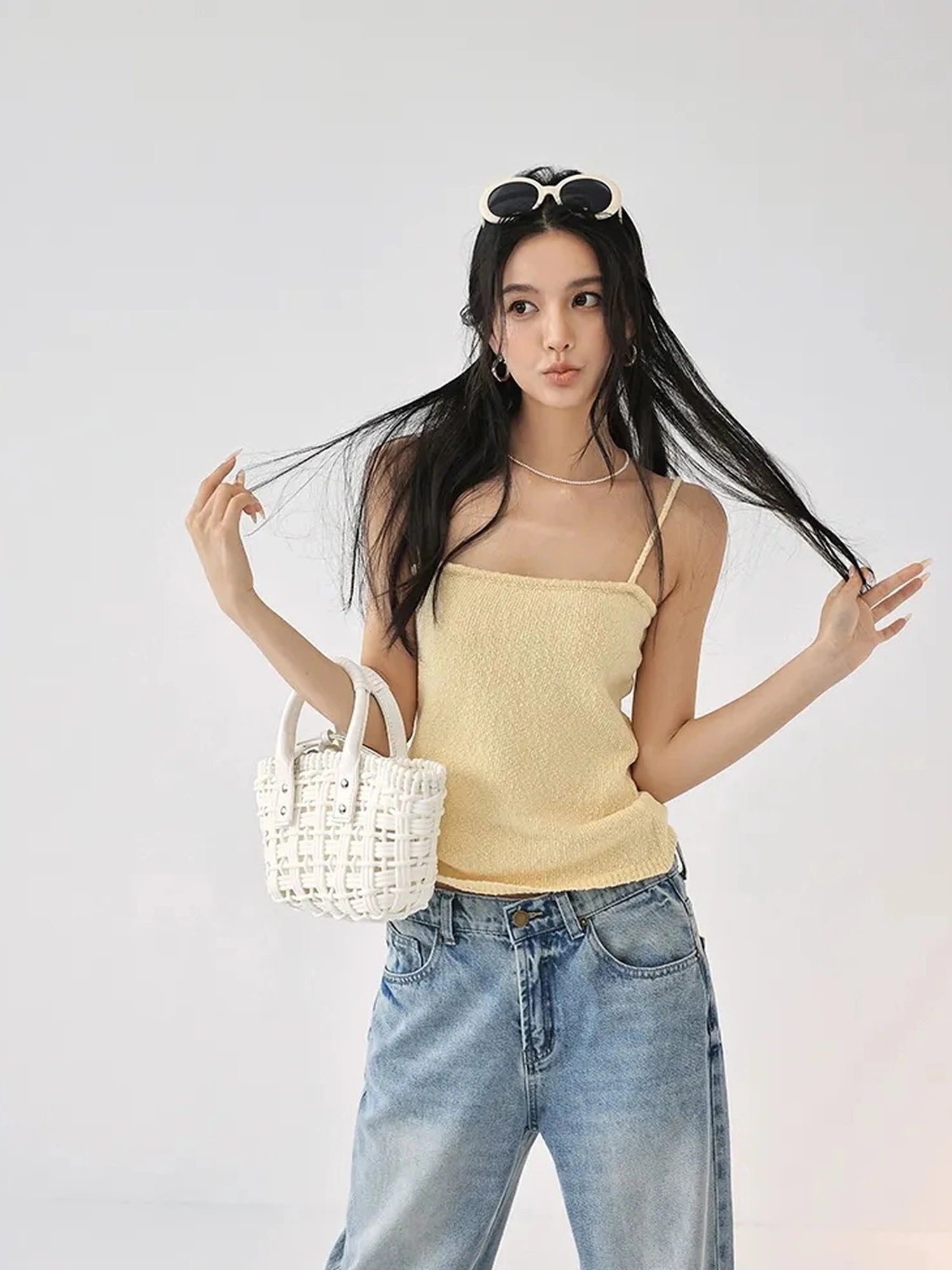FU FRESH UP Cropped Knit Cardigan V-neck T-shirt Long Sleeve Camisole Set