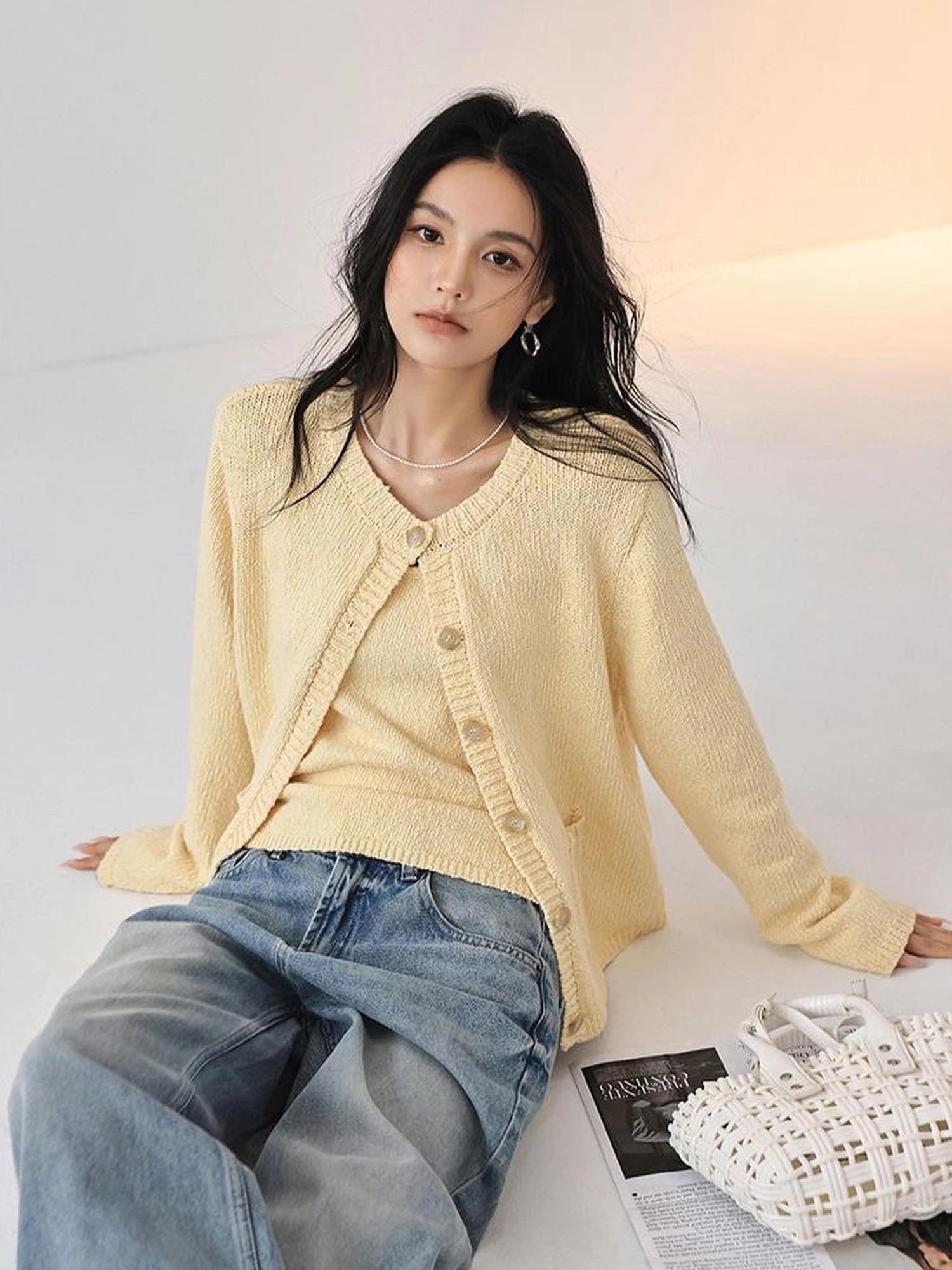 FU FRESH UP Cropped Knit Cardigan V-neck T-shirt Long Sleeve Camisole Set
