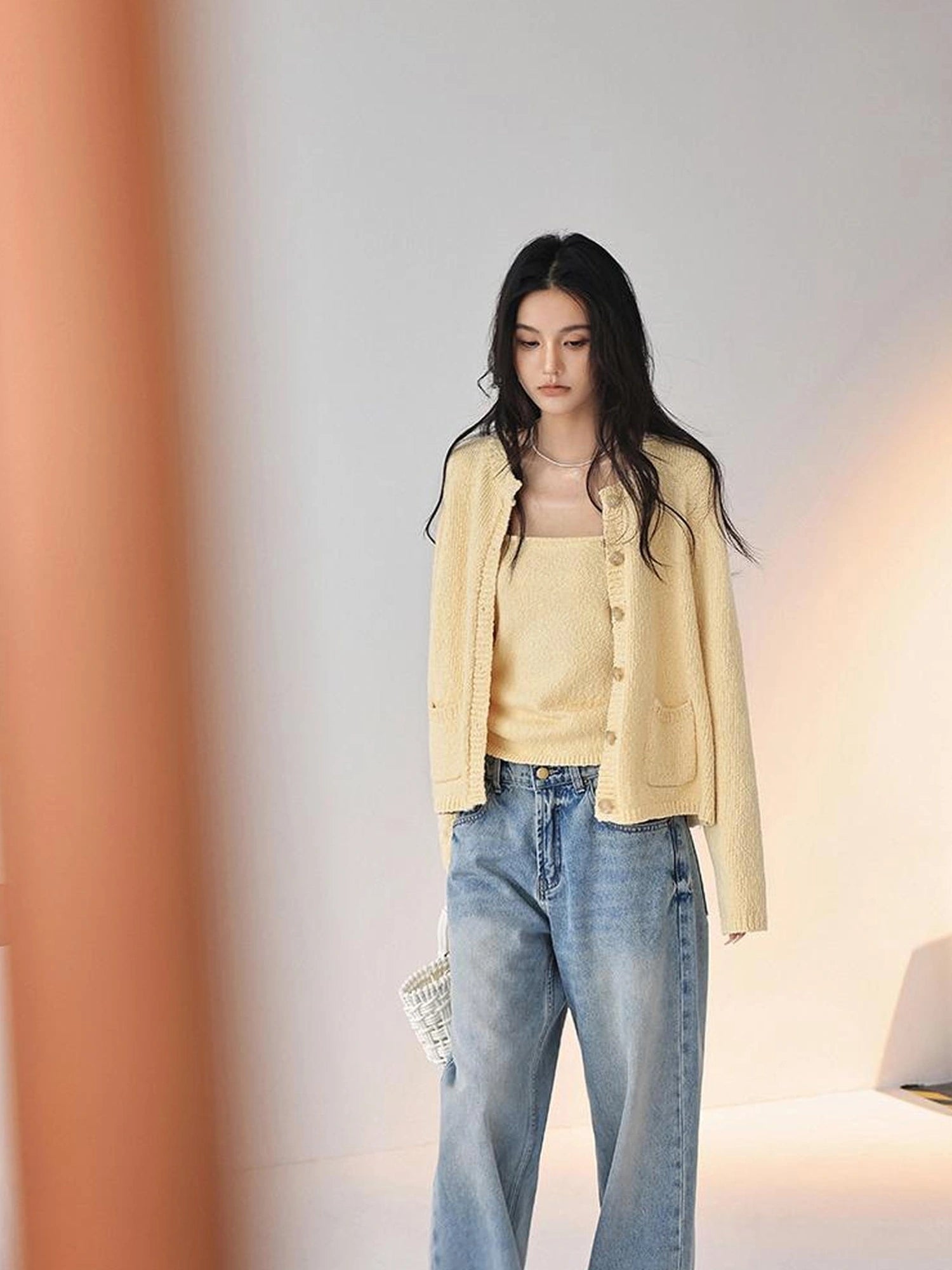 FU FRESH UP Cropped Knit Cardigan V-neck T-shirt Long Sleeve Camisole Set
