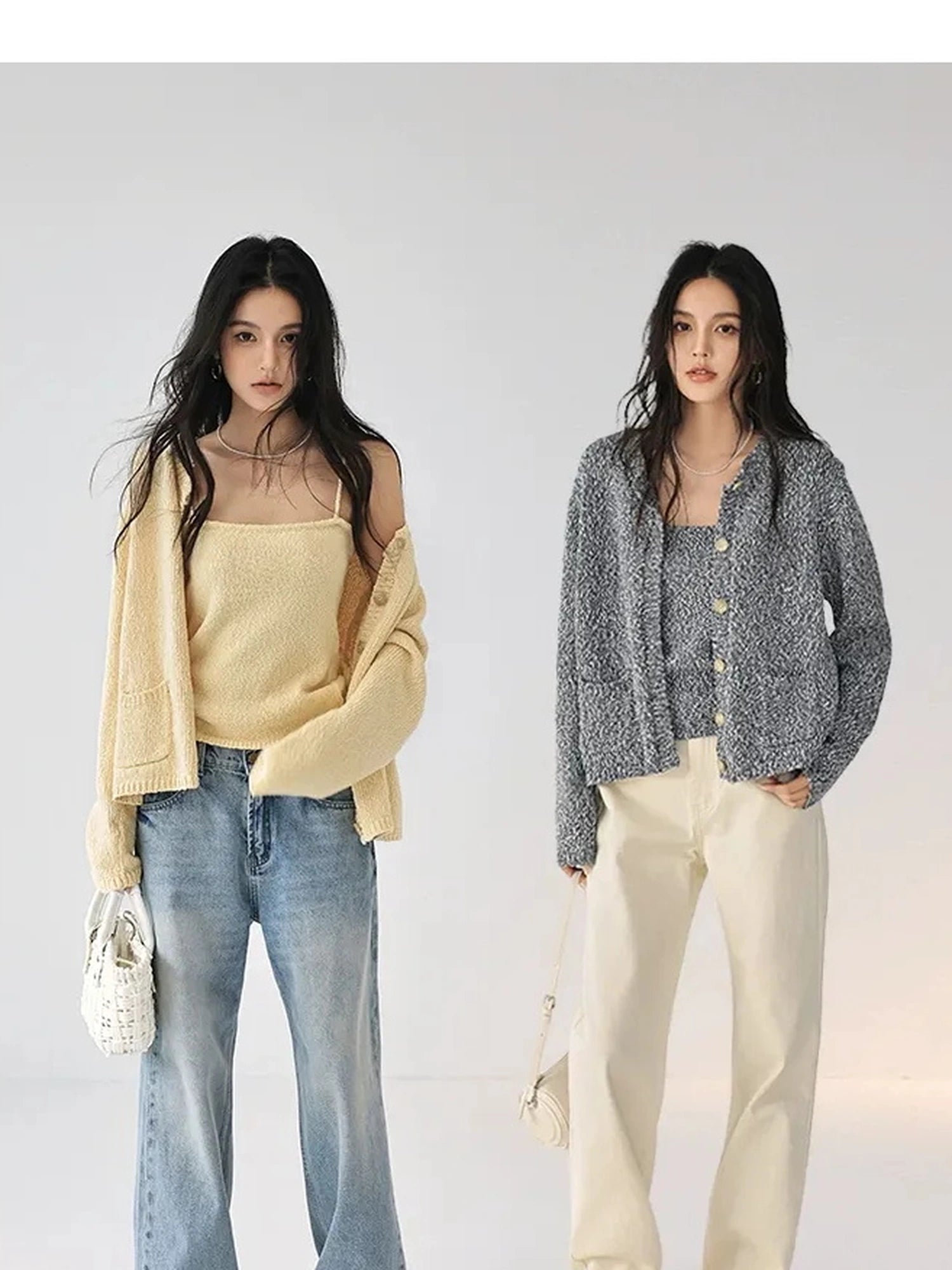 FU FRESH UP Cropped Knit Cardigan V-neck T-shirt Long Sleeve Camisole Set