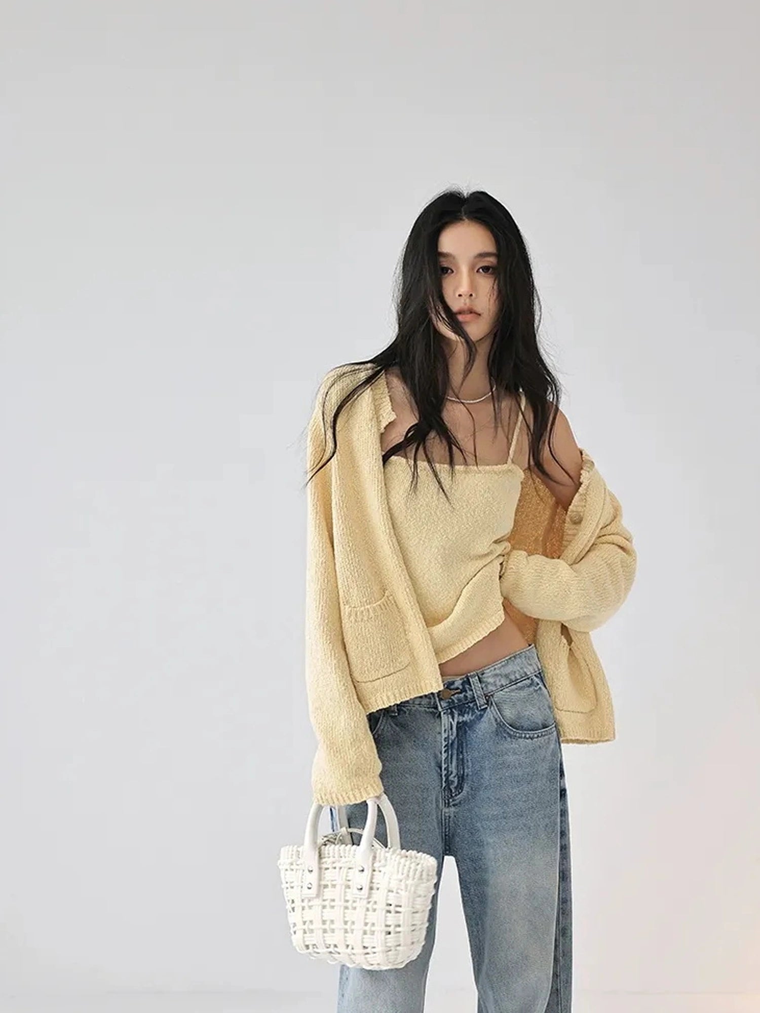 FU FRESH UP Cropped Knit Cardigan V-neck T-shirt Long Sleeve Camisole Set