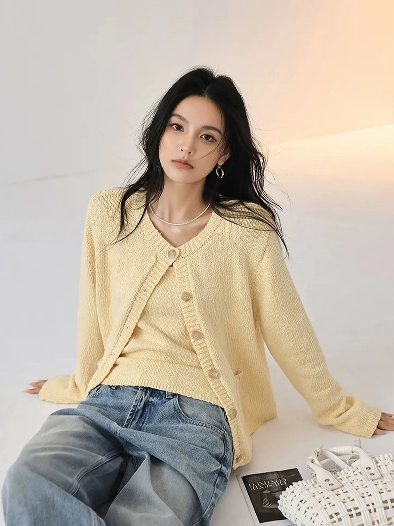 FU FRESH UP Cropped Knit Cardigan V-neck T-shirt Long Sleeve Camisole Set
