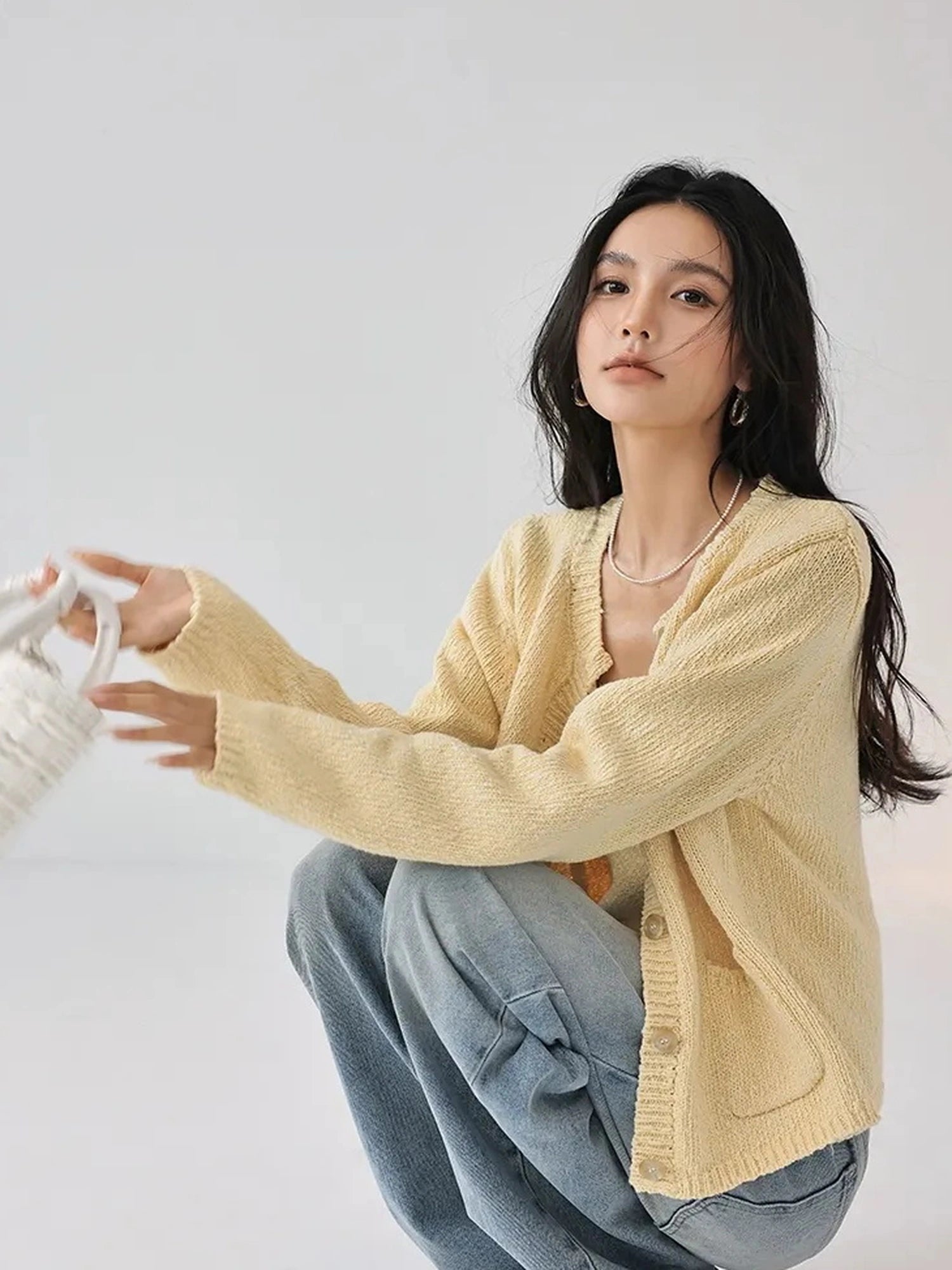 FU FRESH UP Cropped Knit Cardigan V-neck T-shirt Long Sleeve Camisole Set