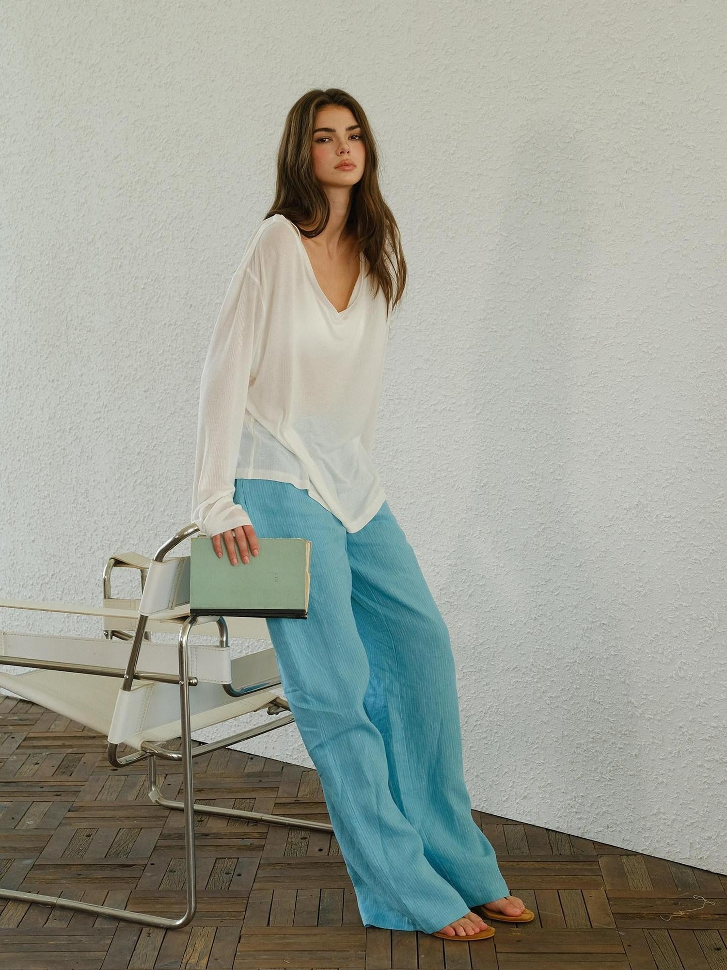 FU FRESH UP Deep V-neck Soft Drape Sheer Women&