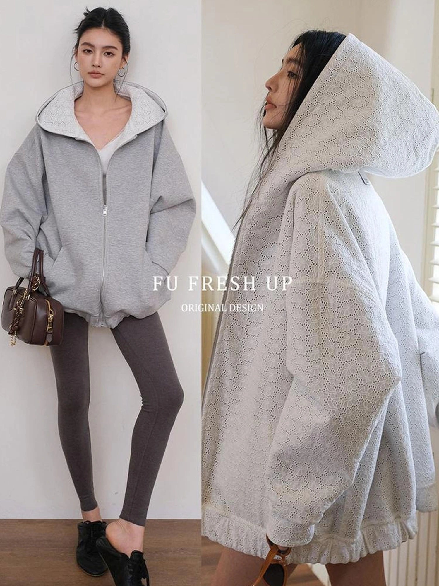 FU FRESH UP Double Faced Hooded Zip Up Sweatshirt