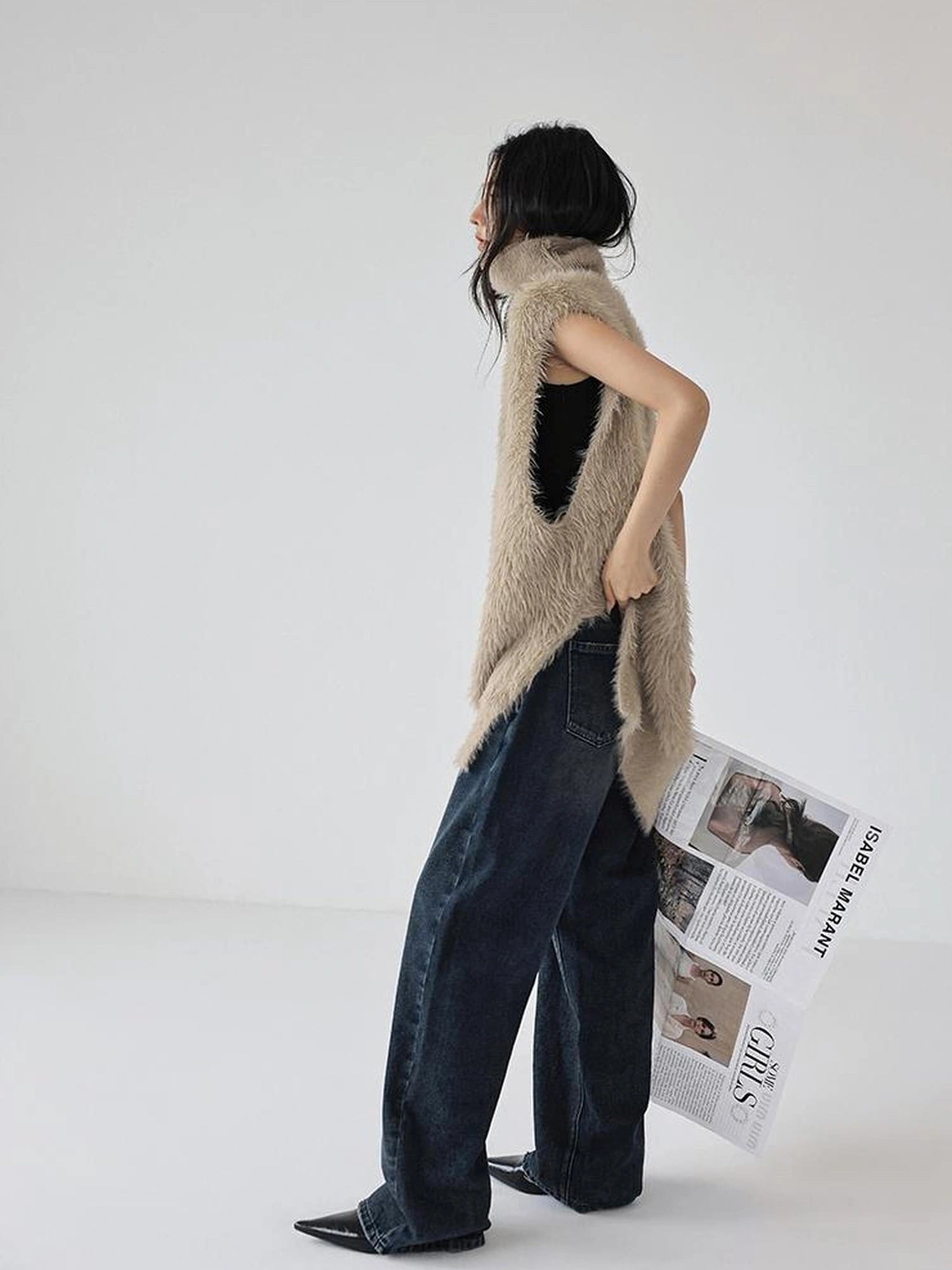 FU FRESH UP Eco Friendly Long Hair Mink High Neck Knit Vest