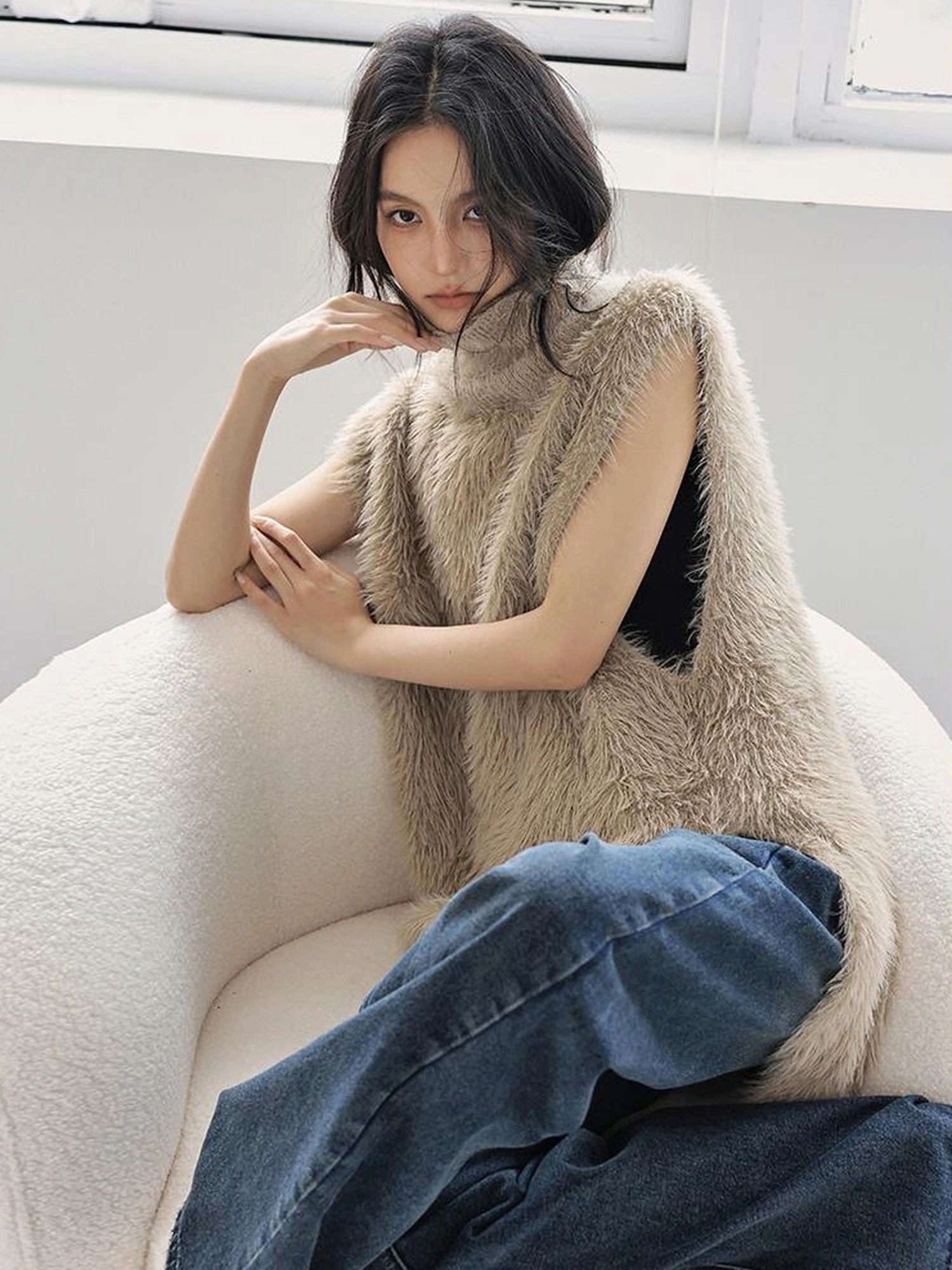 FU FRESH UP Eco Friendly Long Hair Mink High Neck Knit Vest