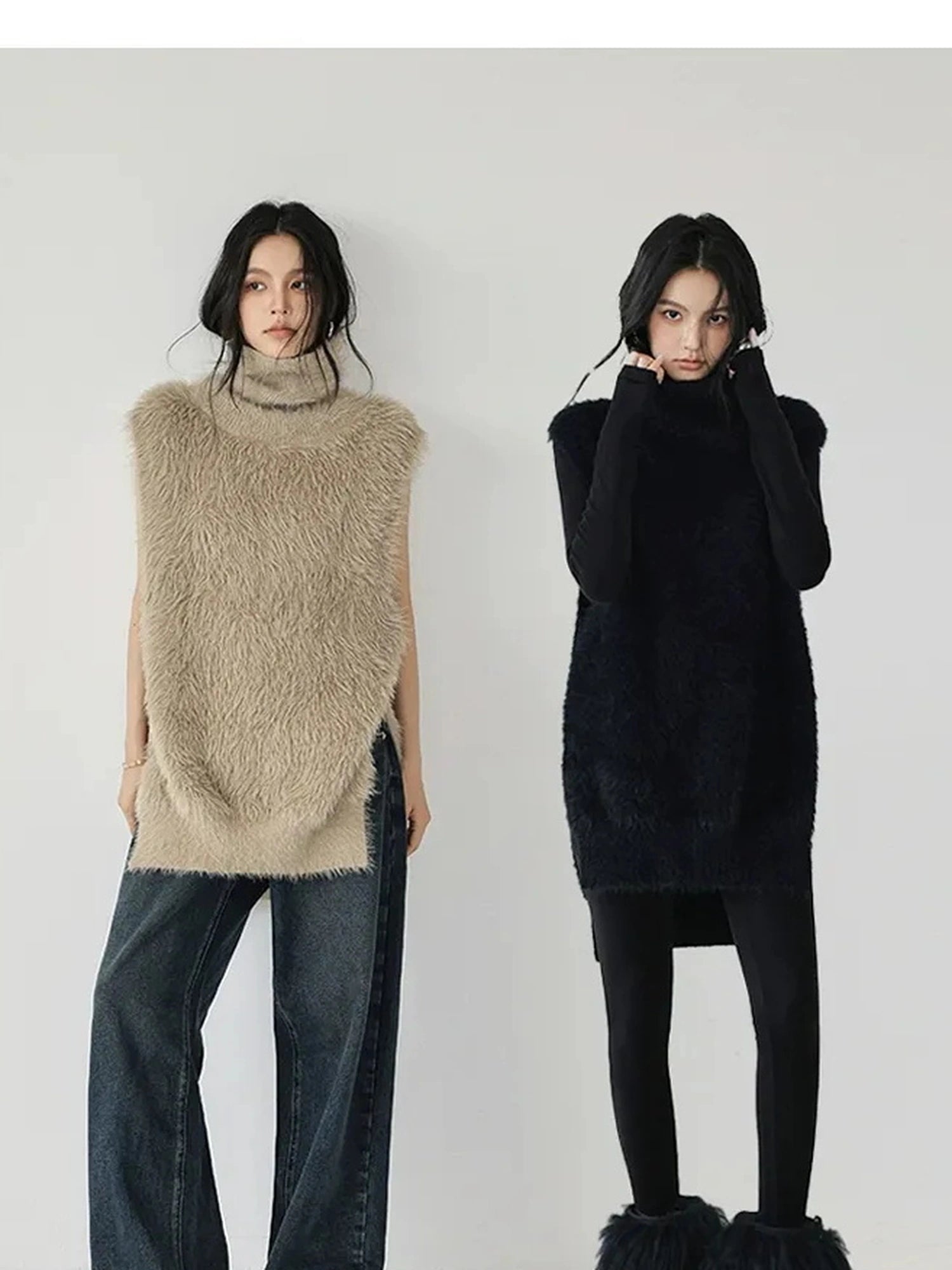FU FRESH UP Eco Friendly Long Hair Mink High Neck Knit Vest