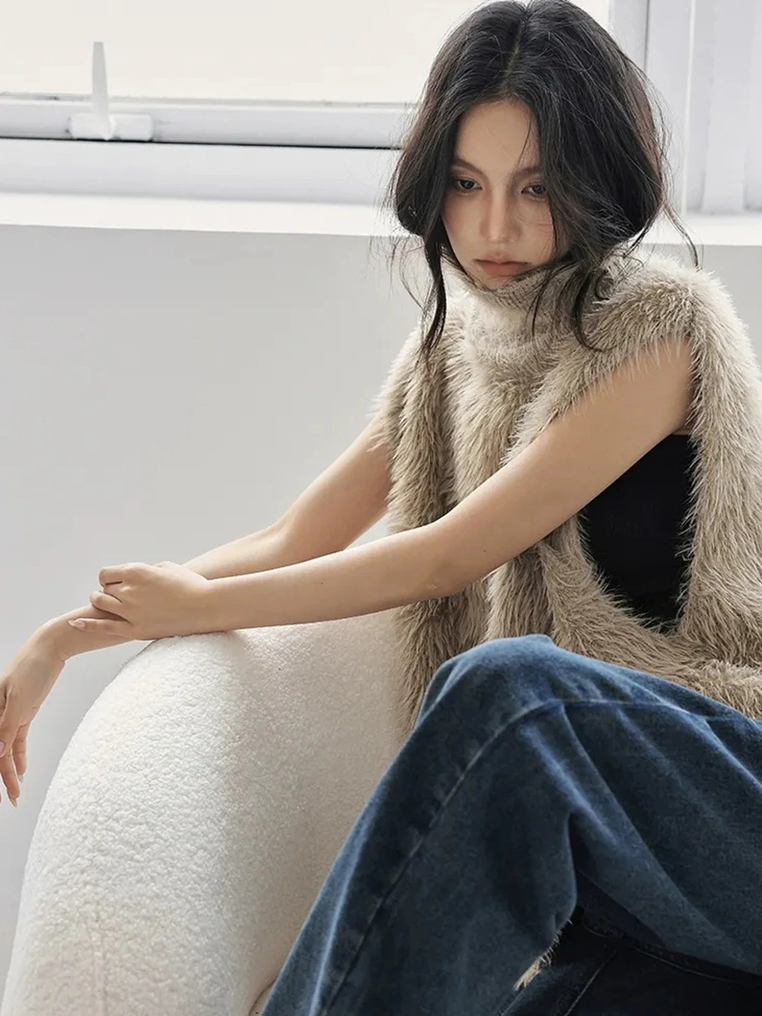 FU FRESH UP Eco Friendly Long Hair Mink High Neck Knit Vest