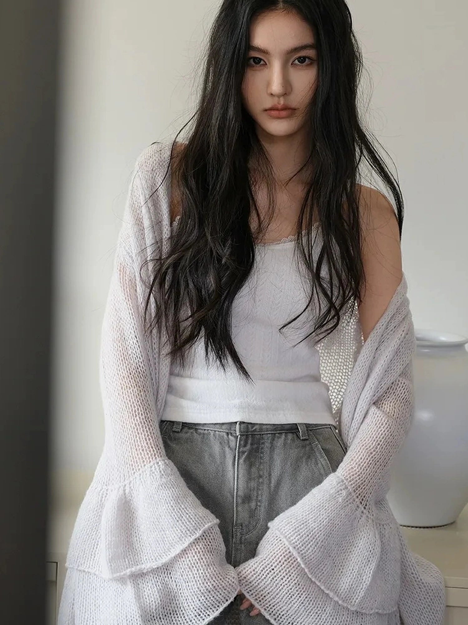FU FRESH UP Elegant Belted Cashmere Wool Long Cardigan