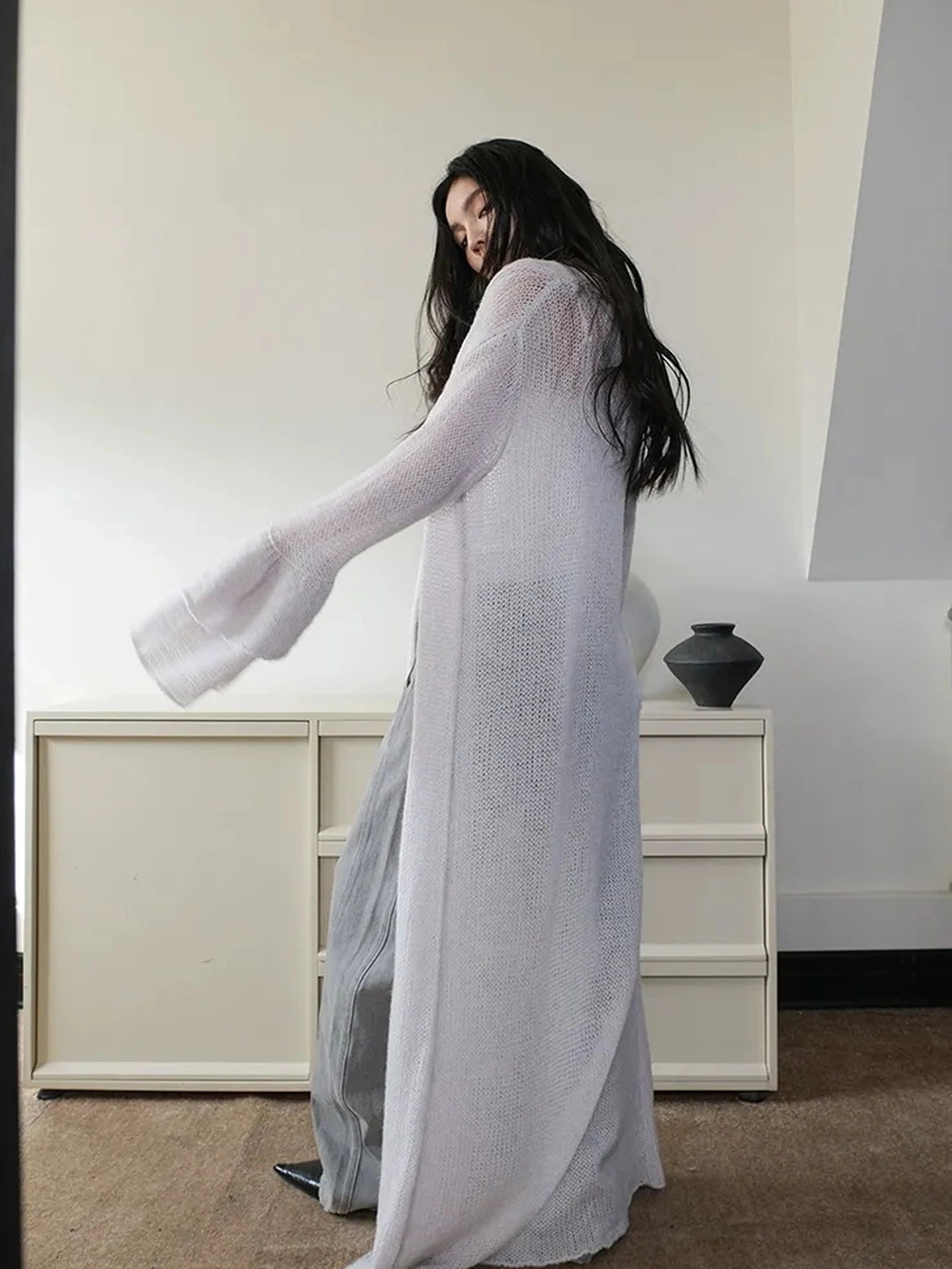 FU FRESH UP Elegant Belted Cashmere Wool Long Cardigan