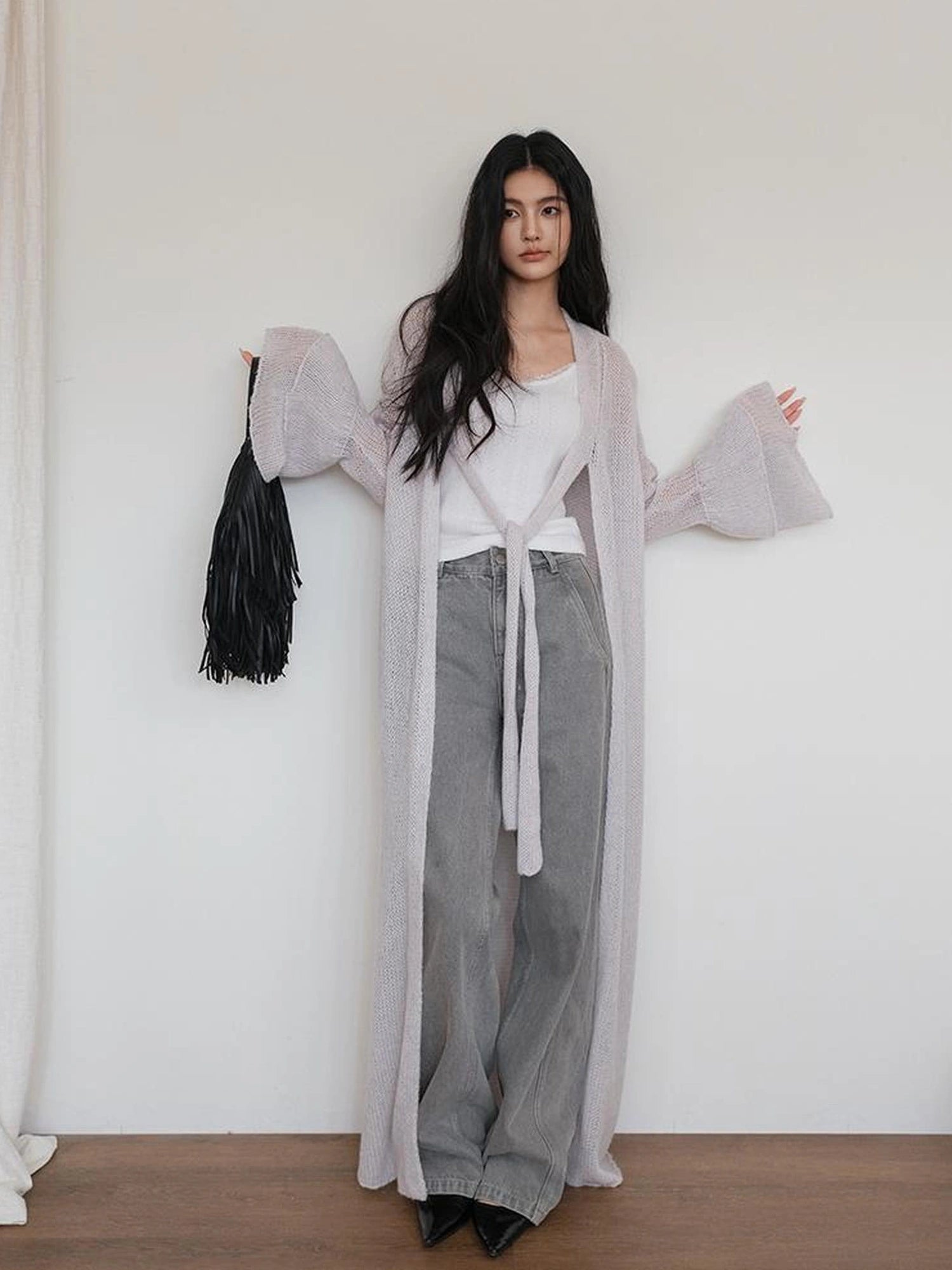 FU FRESH UP Elegant Belted Cashmere Wool Long Cardigan