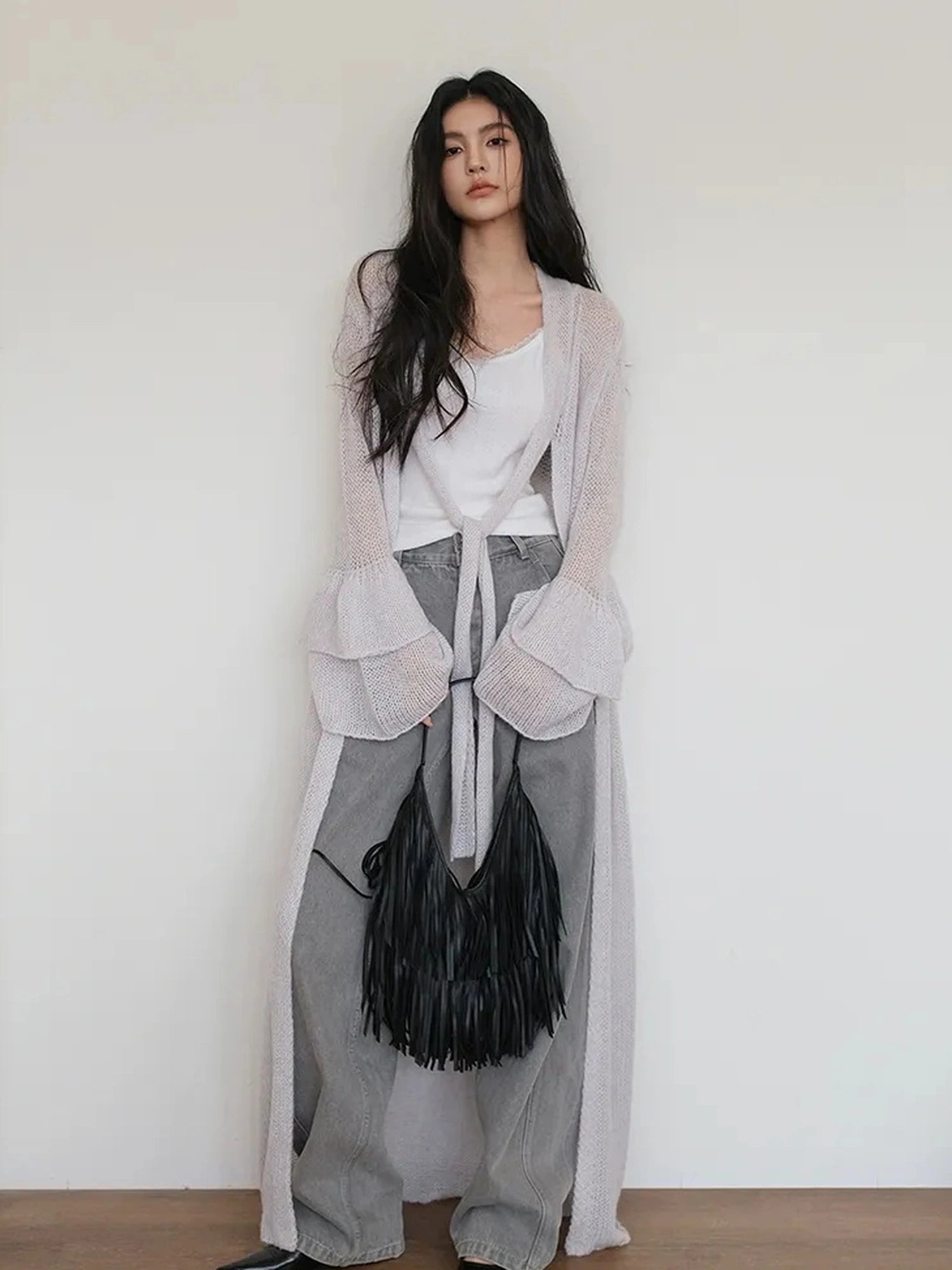 FU FRESH UP Elegant Belted Cashmere Wool Long Cardigan